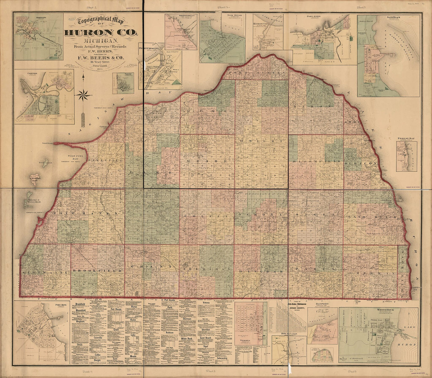 This old map of Topographic Map of Huron County, Michigan from 1875 was created by  F. W. Beer &amp; Co, Charles Hart, Louis E. Neumann in 1875