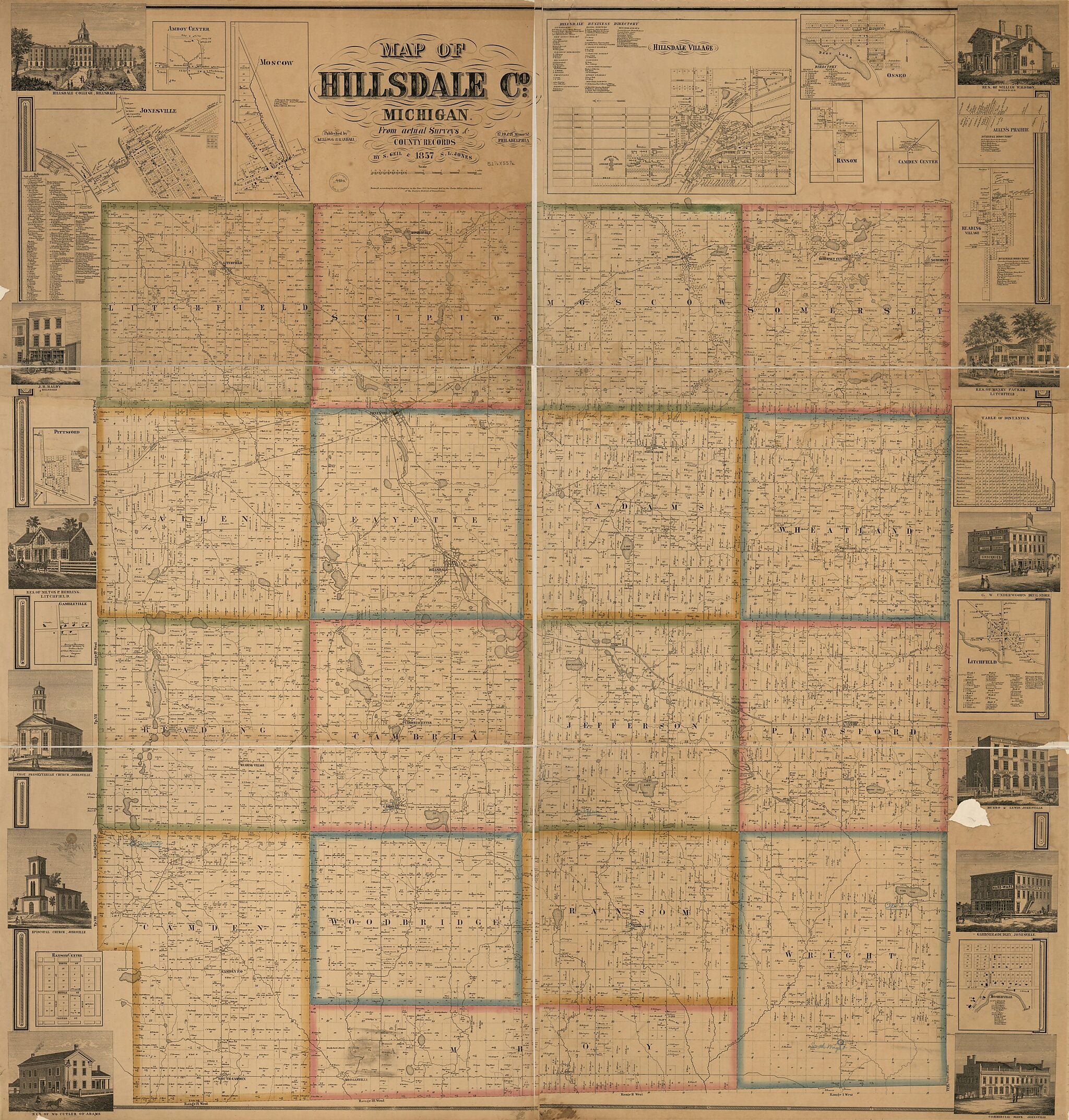 This old map of Map of Hillsdale County, Michigan from 1857 was created by  Geil &amp; Harley,  Geil and Jones,  Kellogg &amp; Randall,  Worley &amp; Bracher in 1857