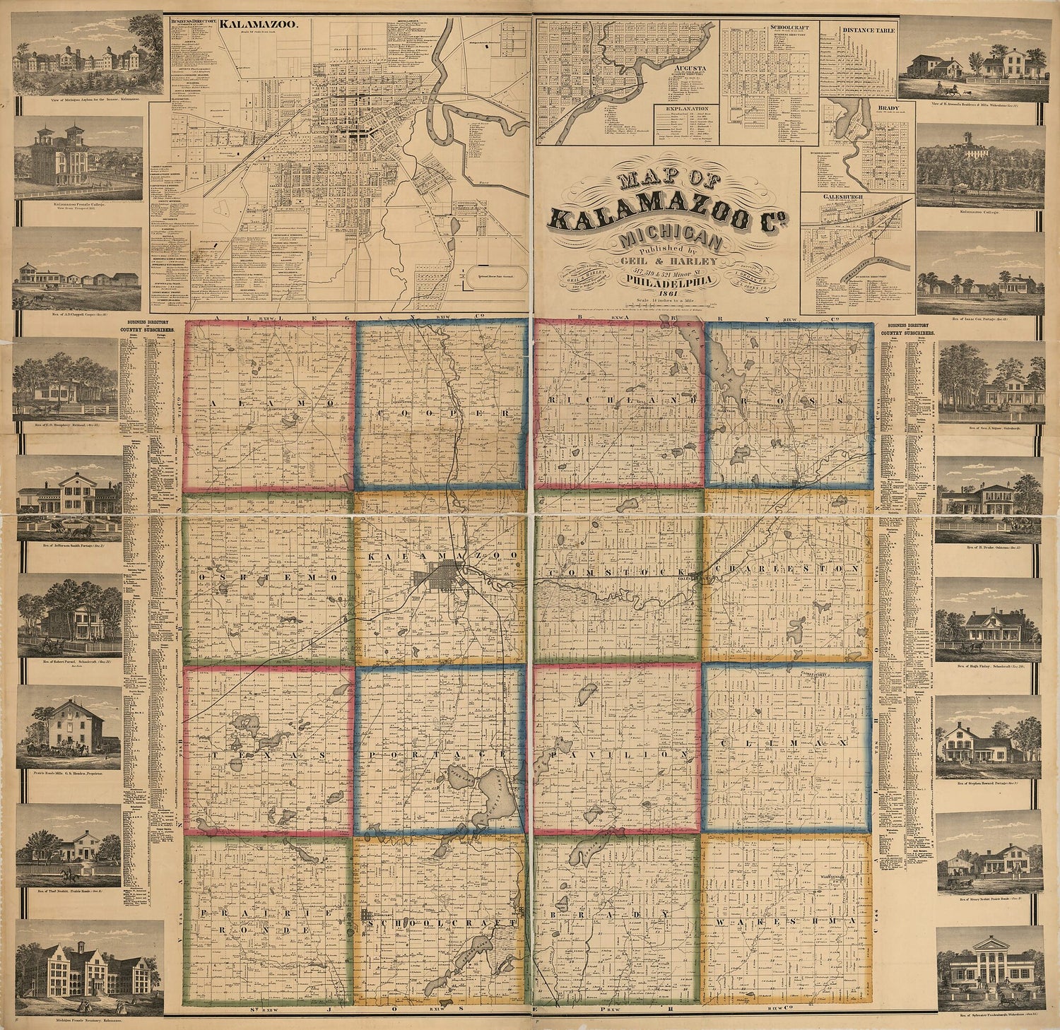 This old map of Map of Kalamazoo County, Michigan from 1861 was created by  Geil &amp; Harley, I. M. Gross, S. L. Jones,  Worley &amp; Bracher in 1861