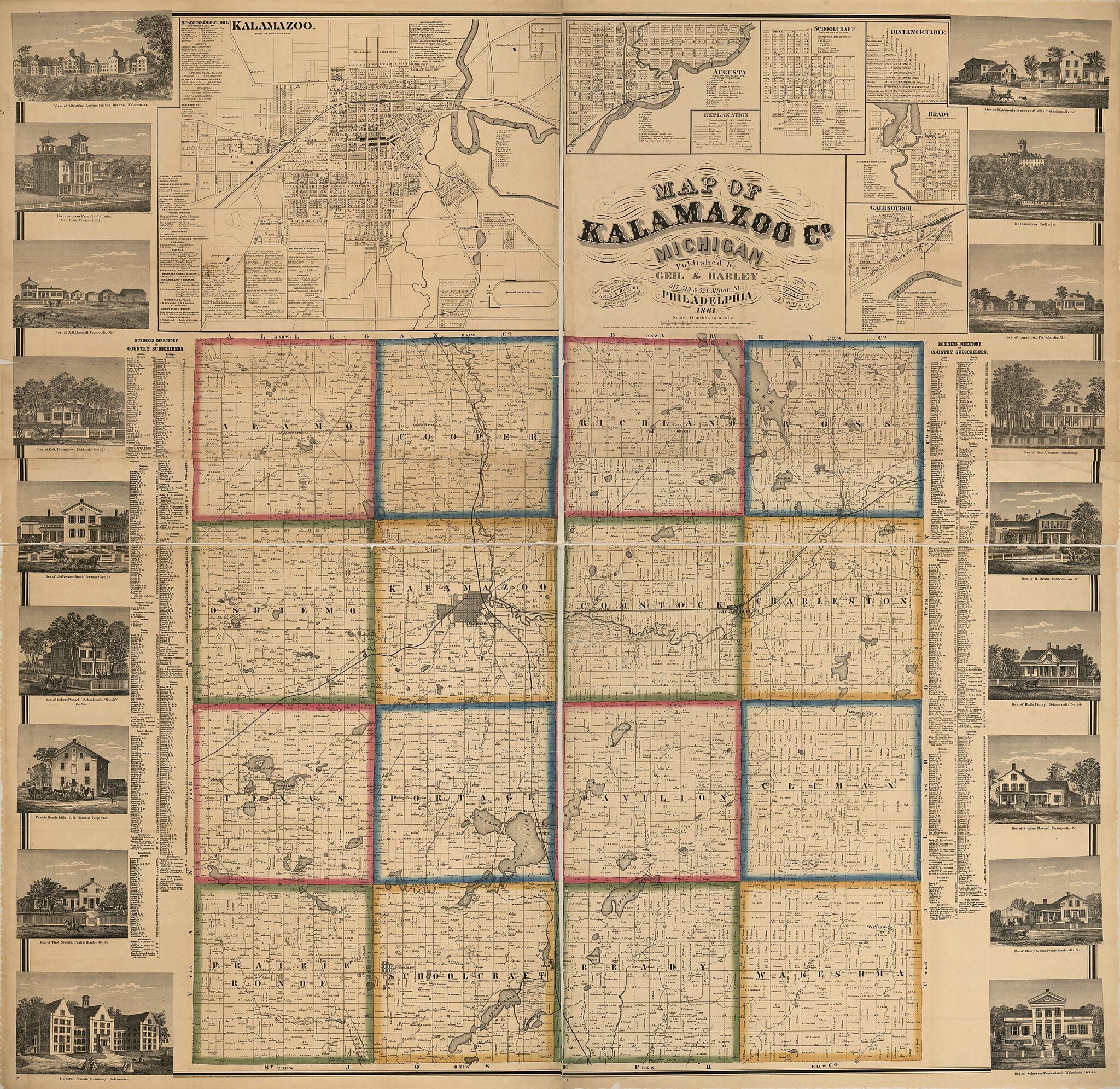 This old map of Map of Kalamazoo County, Michigan from 1861 was created by  Geil &amp; Harley, I. M. Gross, S. L. Jones,  Worley &amp; Bracher in 1861