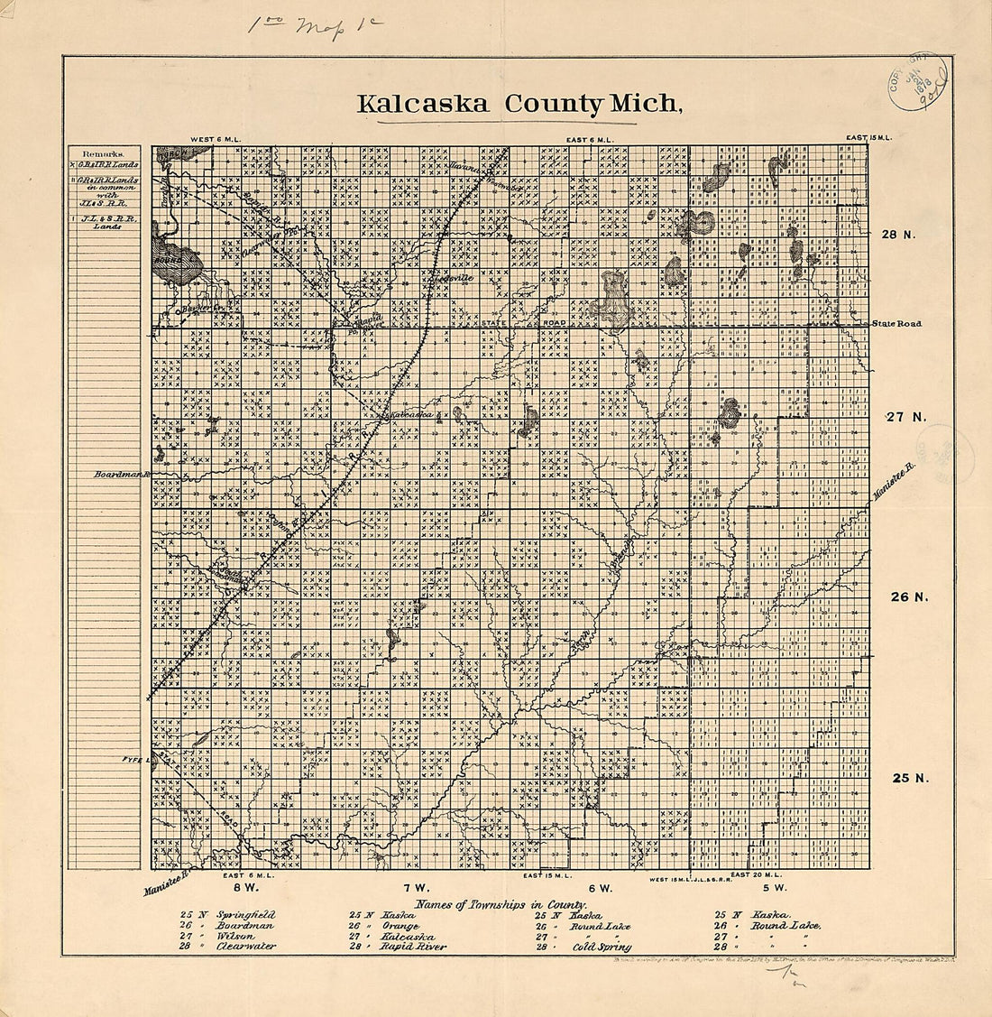 This old map of Kalcaska County, Michigan from 1878 was created by H. J. Frost in 1878