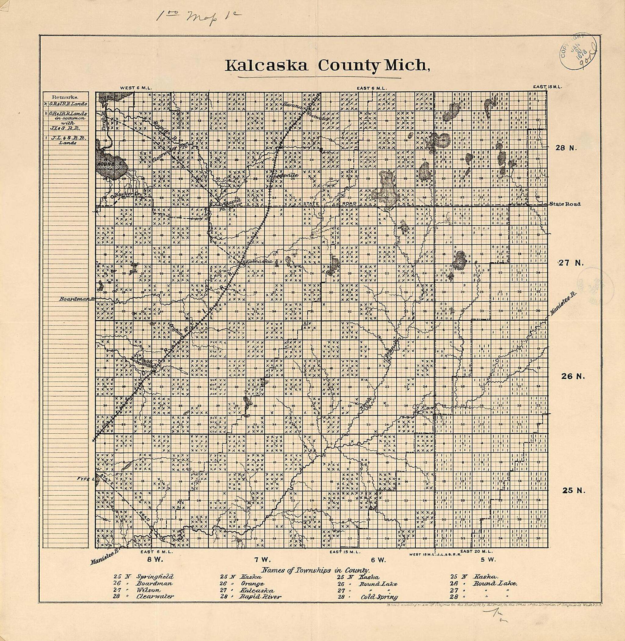 This old map of Kalcaska County, Michigan from 1878 was created by H. J. Frost in 1878