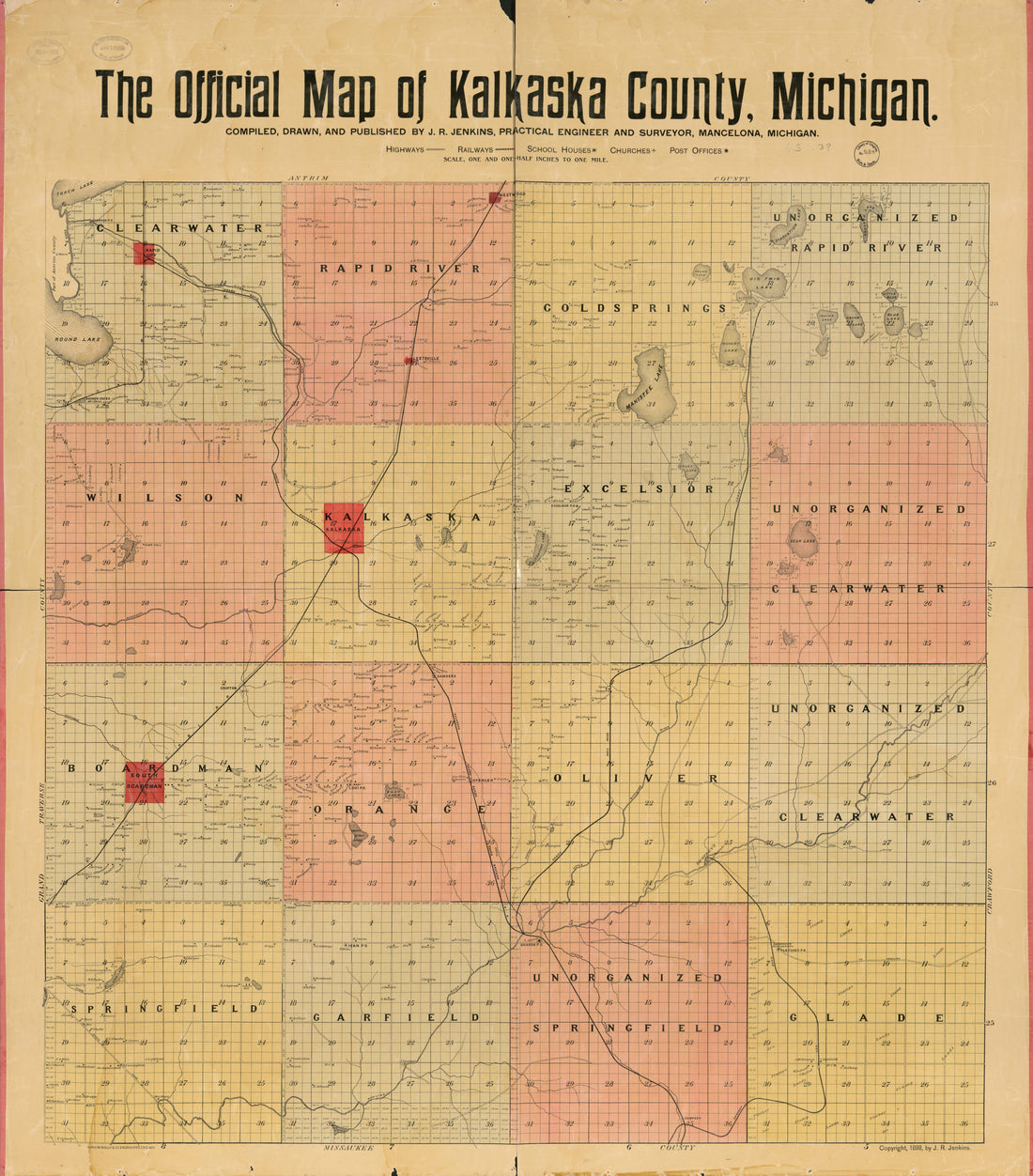 This old map of The Official Map of Kalkaska County, Michigan from 1898 was created by J. R. Jenkins in 1898