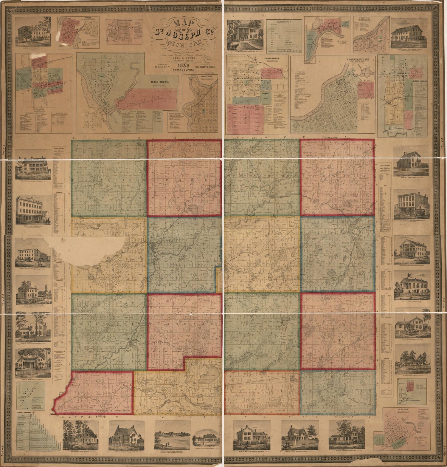 This old map of Map of St. Joseph Co., Michigan from 1858 was created by  Geil &amp; Jones, Harley &amp; Siverd Geil in 1858