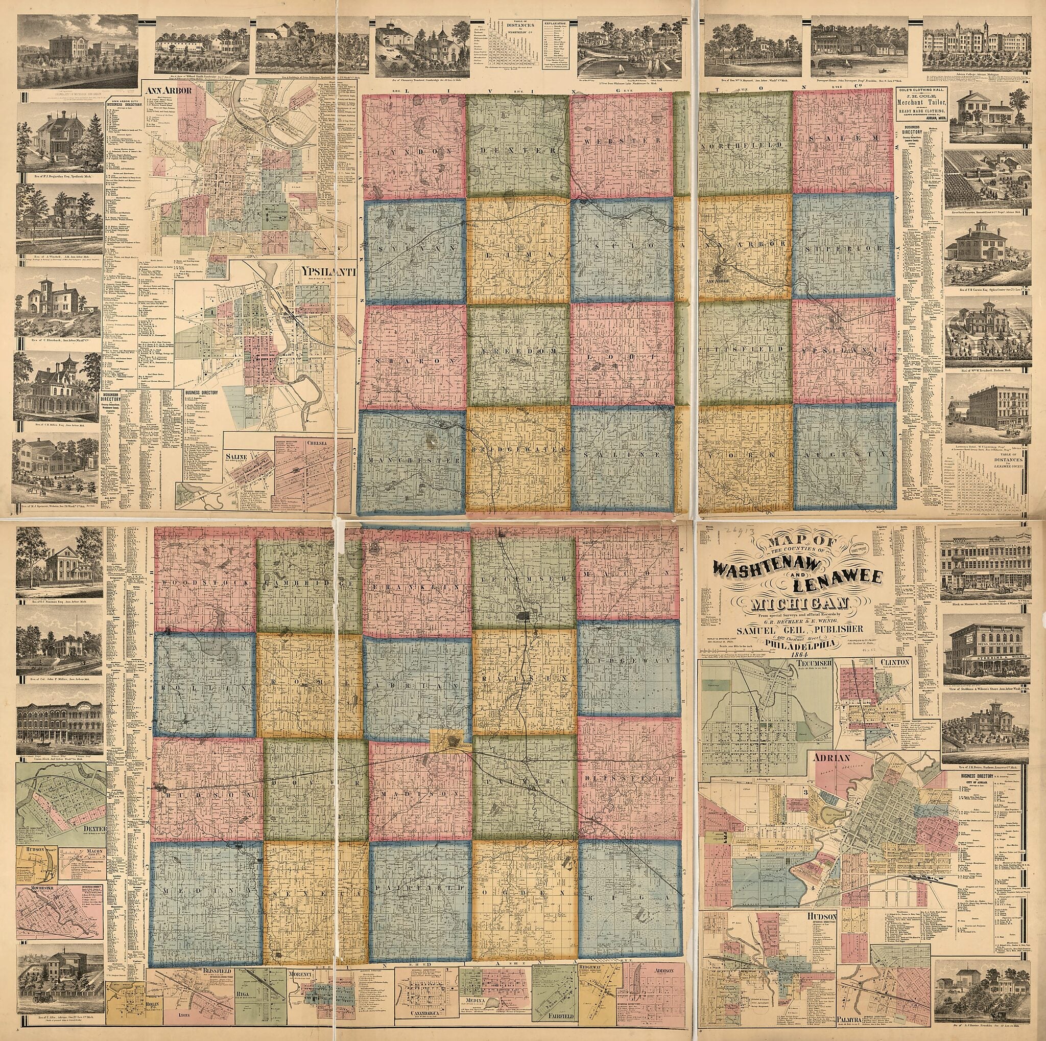 This old map of Map of the Counties of Washtenaw and Lenawee, Michigan from 1864 was created by Gustavus R. Bechler, Samuel Geil, E. Wenig,  Worley &amp; Bracher in 1864