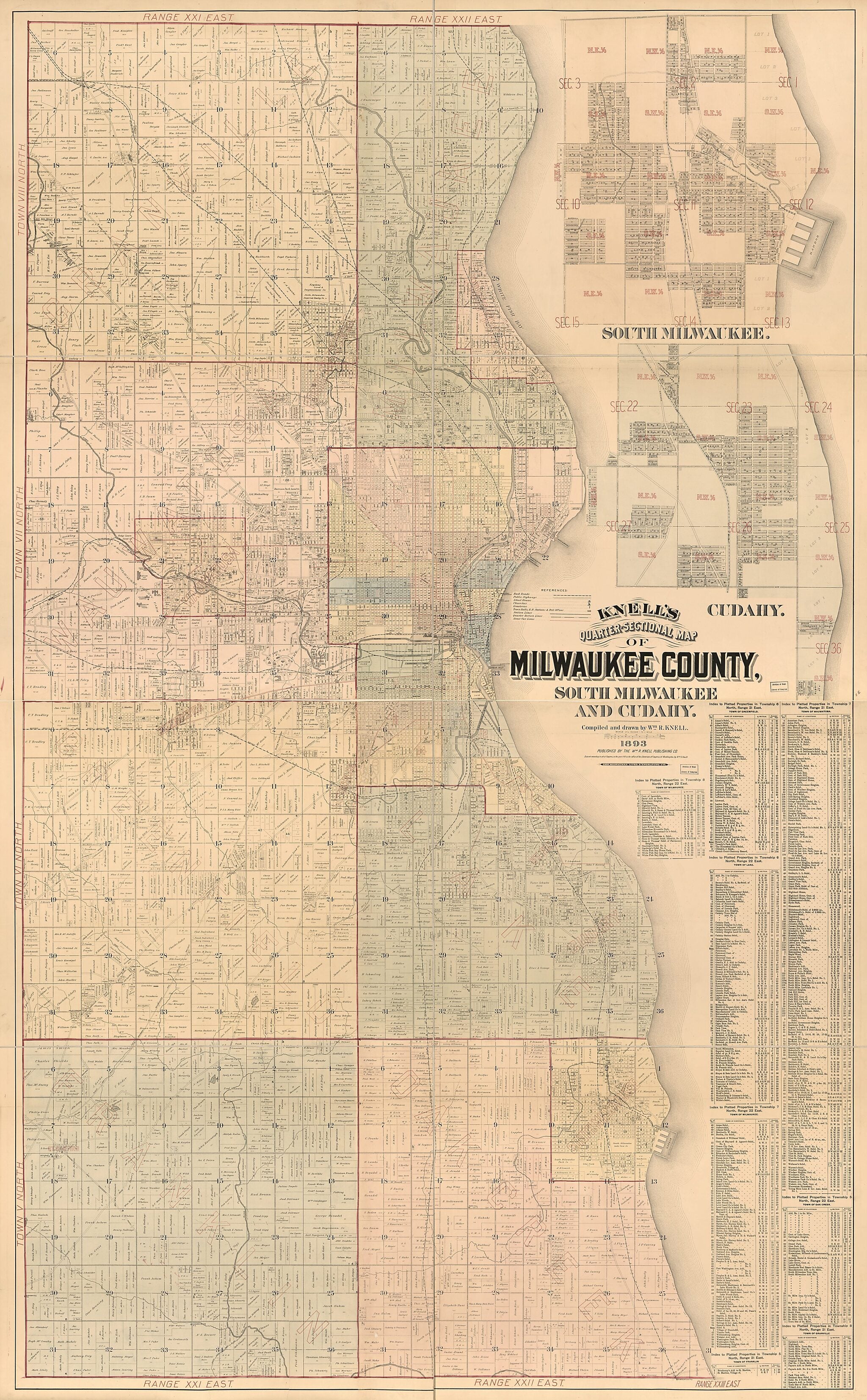 This old map of Sectional Map of Milwaukee County, South Milwaukee and Cudahy from 1893 was created by Wm. R. Knell,  Milwaukee Lith. &amp; Engr. Co,  Wm. R. Knell Publishing Co in 1893