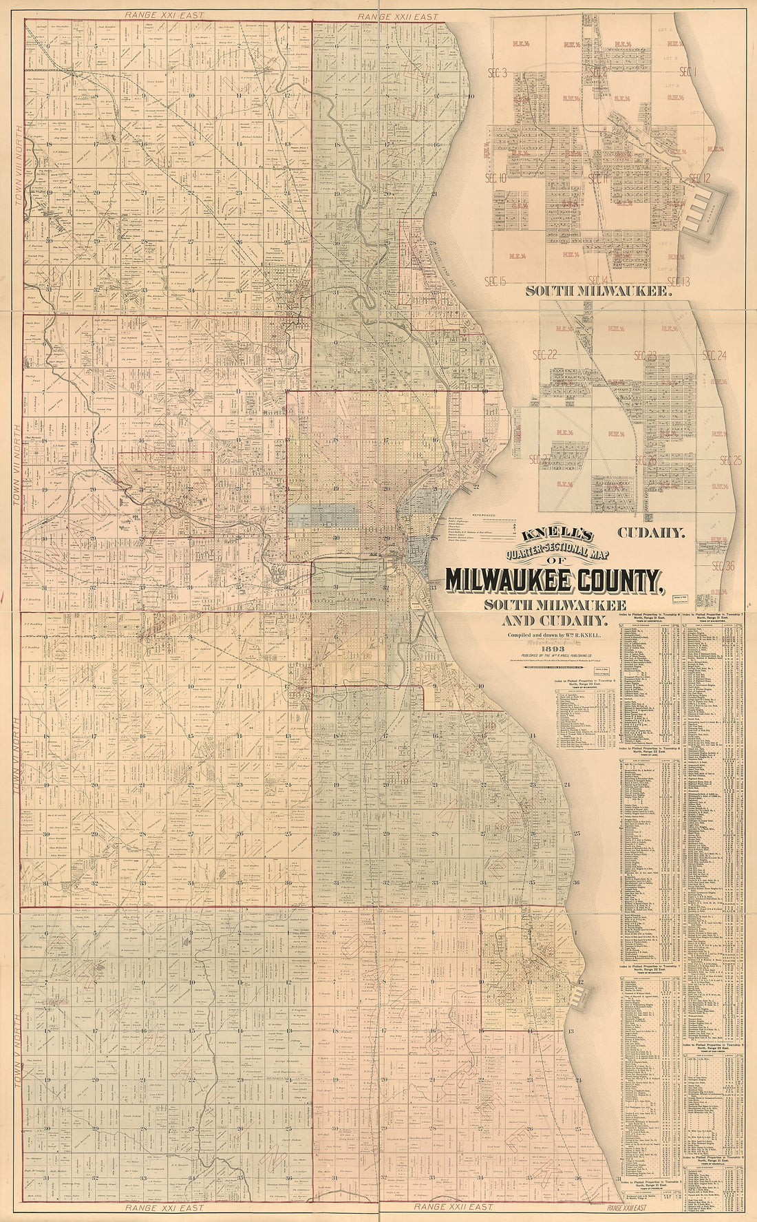 This old map of Sectional Map of Milwaukee County, South Milwaukee and Cudahy from 1893 was created by Wm. R. Knell,  Milwaukee Lith. &amp; Engr. Co,  Wm. R. Knell Publishing Co in 1893