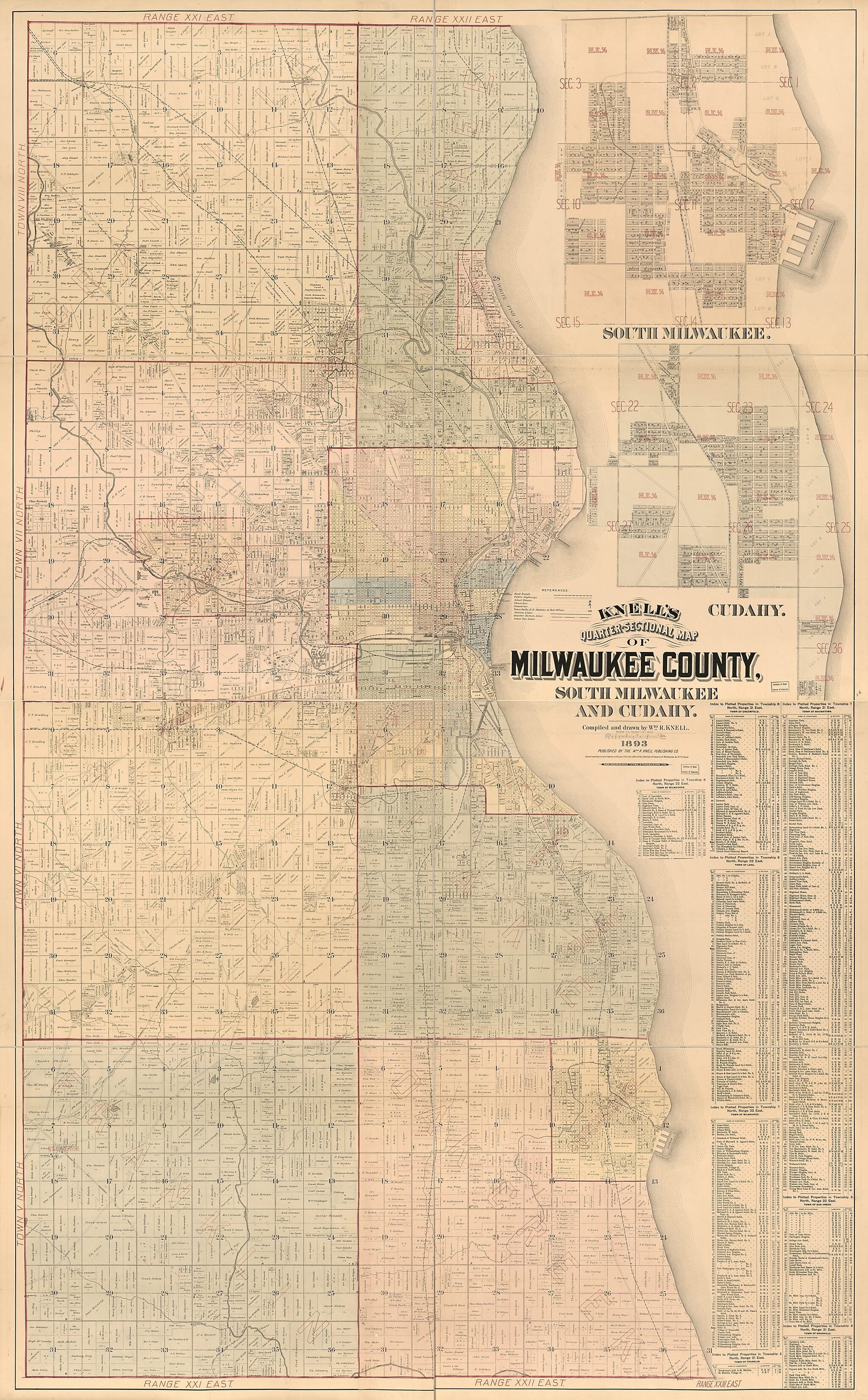 This old map of Sectional Map of Milwaukee County, South Milwaukee and Cudahy from 1893 was created by Wm. R. Knell,  Milwaukee Lith. &amp; Engr. Co,  Wm. R. Knell Publishing Co in 1893