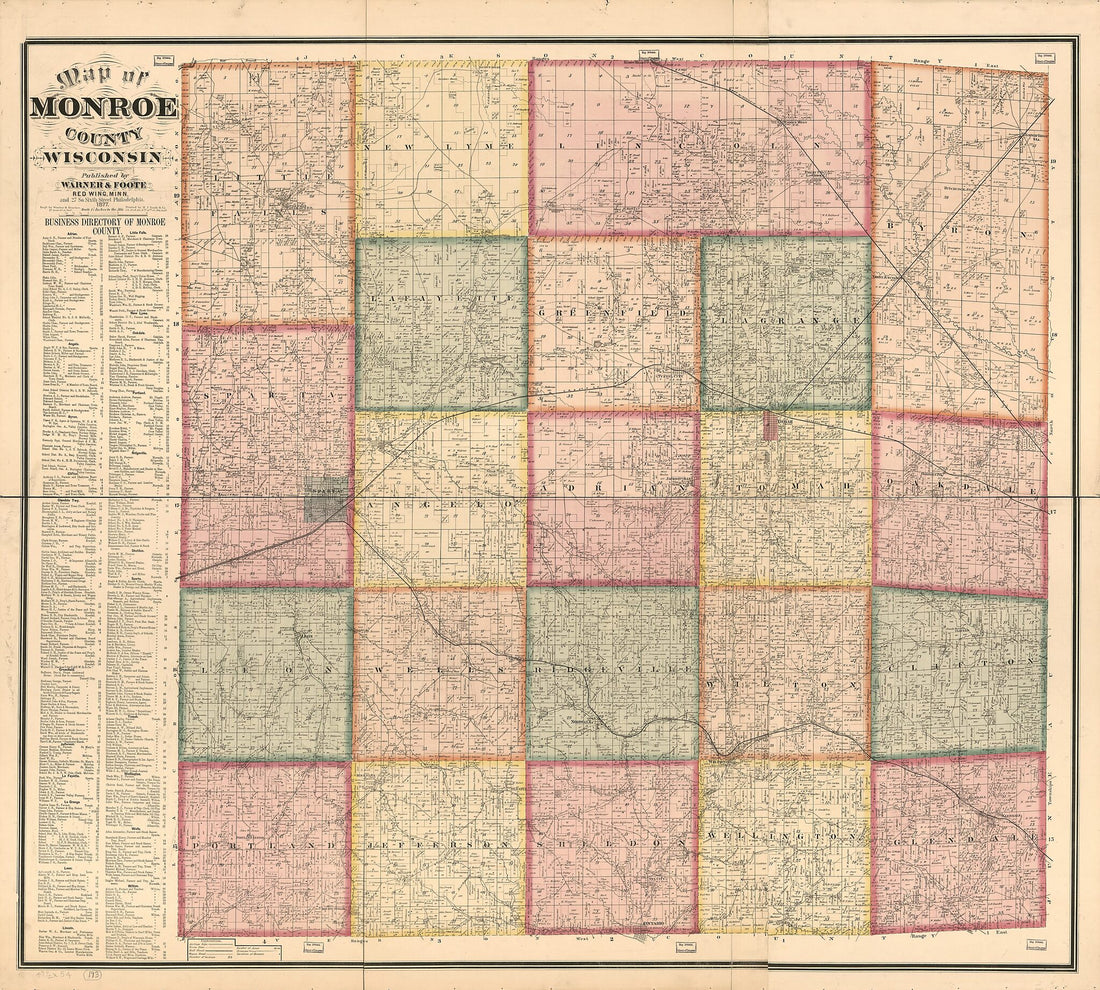 This old map of Map of Monroe County, Wisconsin from 1877 was created by  H.J. Toudy &amp; Co,  Warner &amp; Foote,  Worley &amp; Bracher in 1877