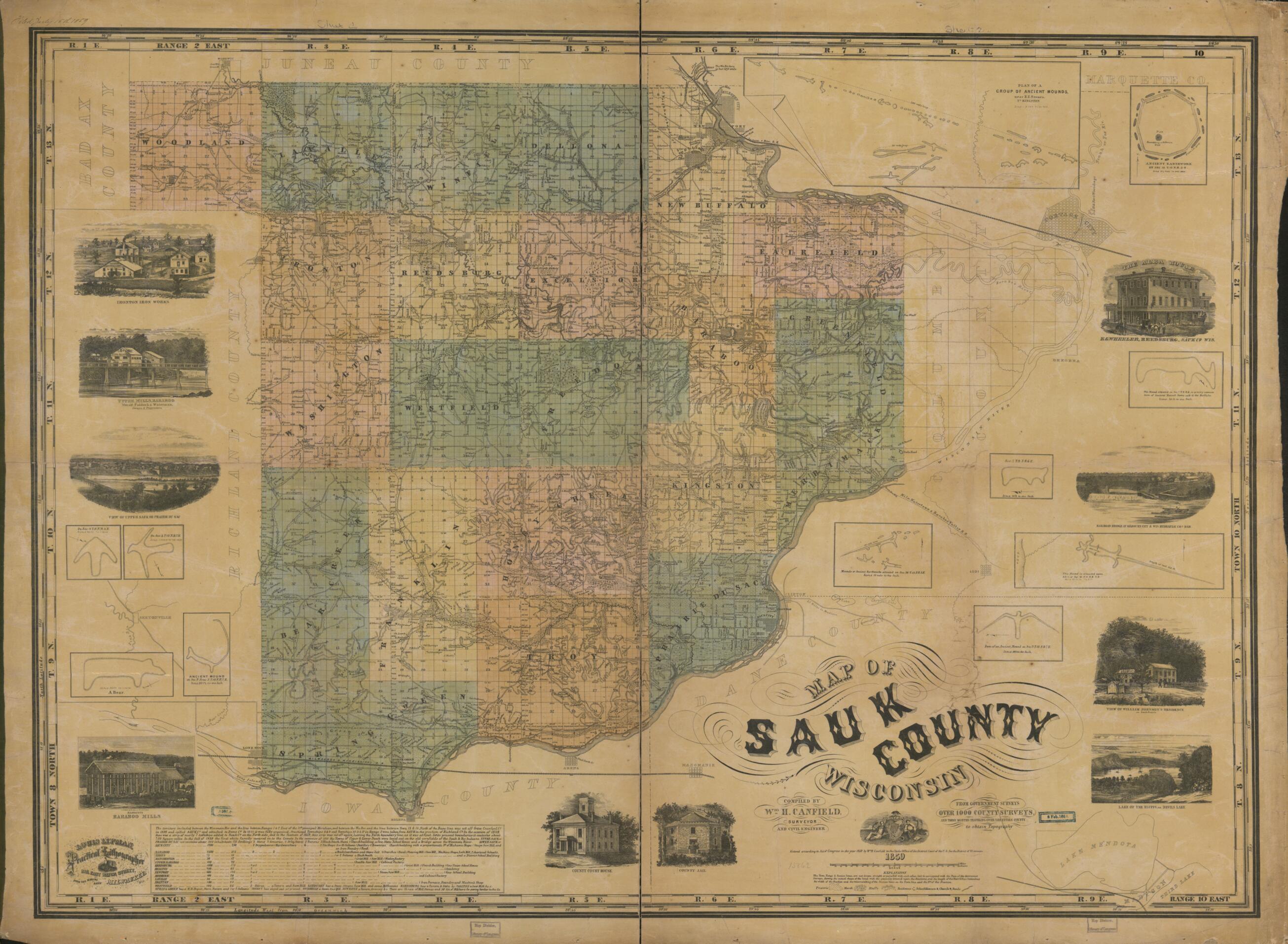 This old map of Map of Sauk County, Wisconsin from 1859 was created by Wm. H. Canfield in 1859