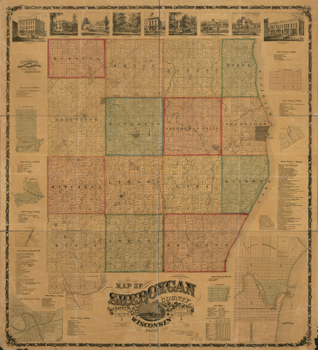 This old map of Map of Sheboygan County, Wisconsin from 1862 was created by E. M. Harney, C. Palmer, George A. Randall, H. Seifert in 1862