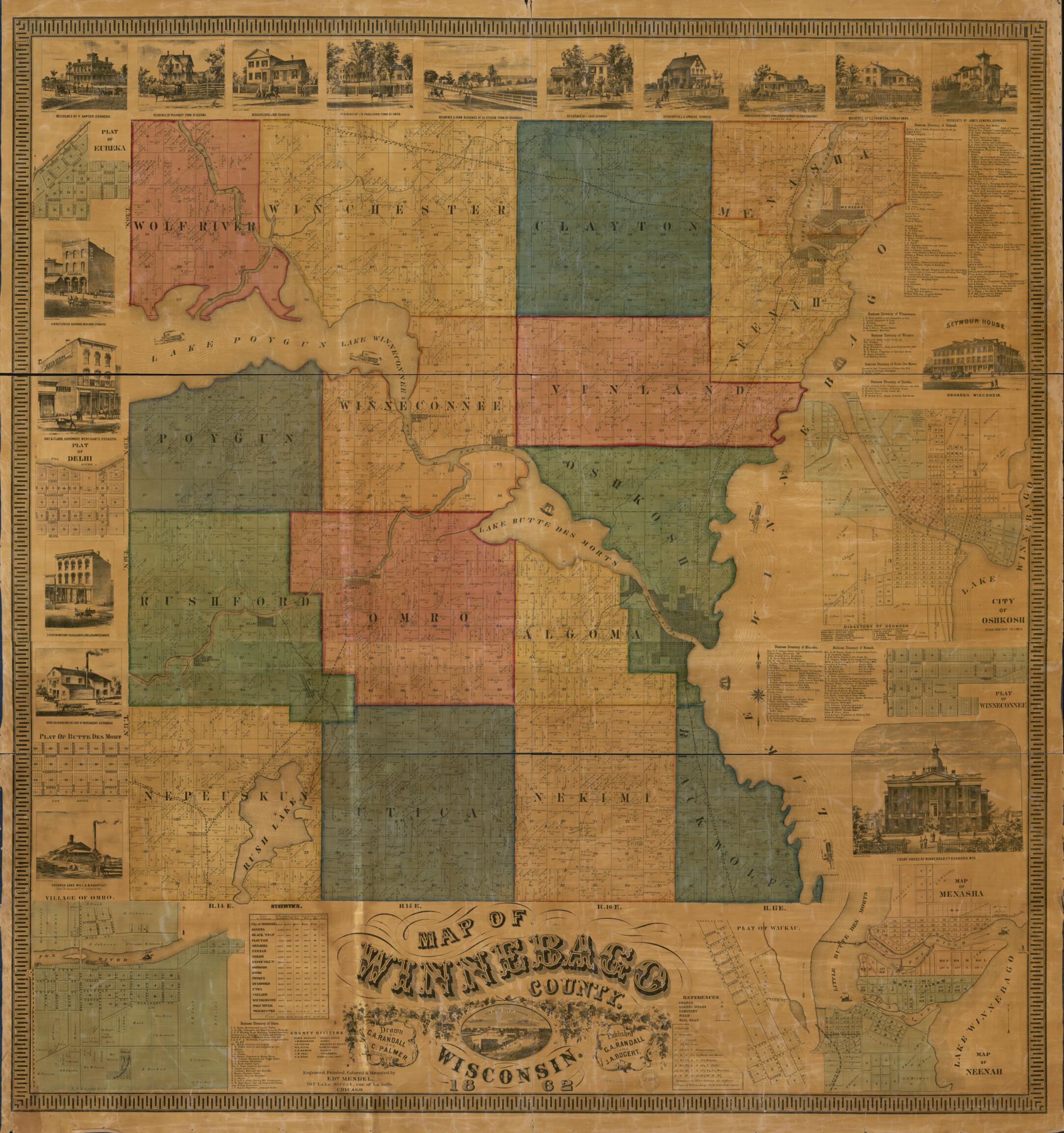 This old map of Map of Winnebago County, Wisconsin from 1862 was created by J. Augustus Bogert, Edward Mendel, C. Palmer, George A. Randall in 1862