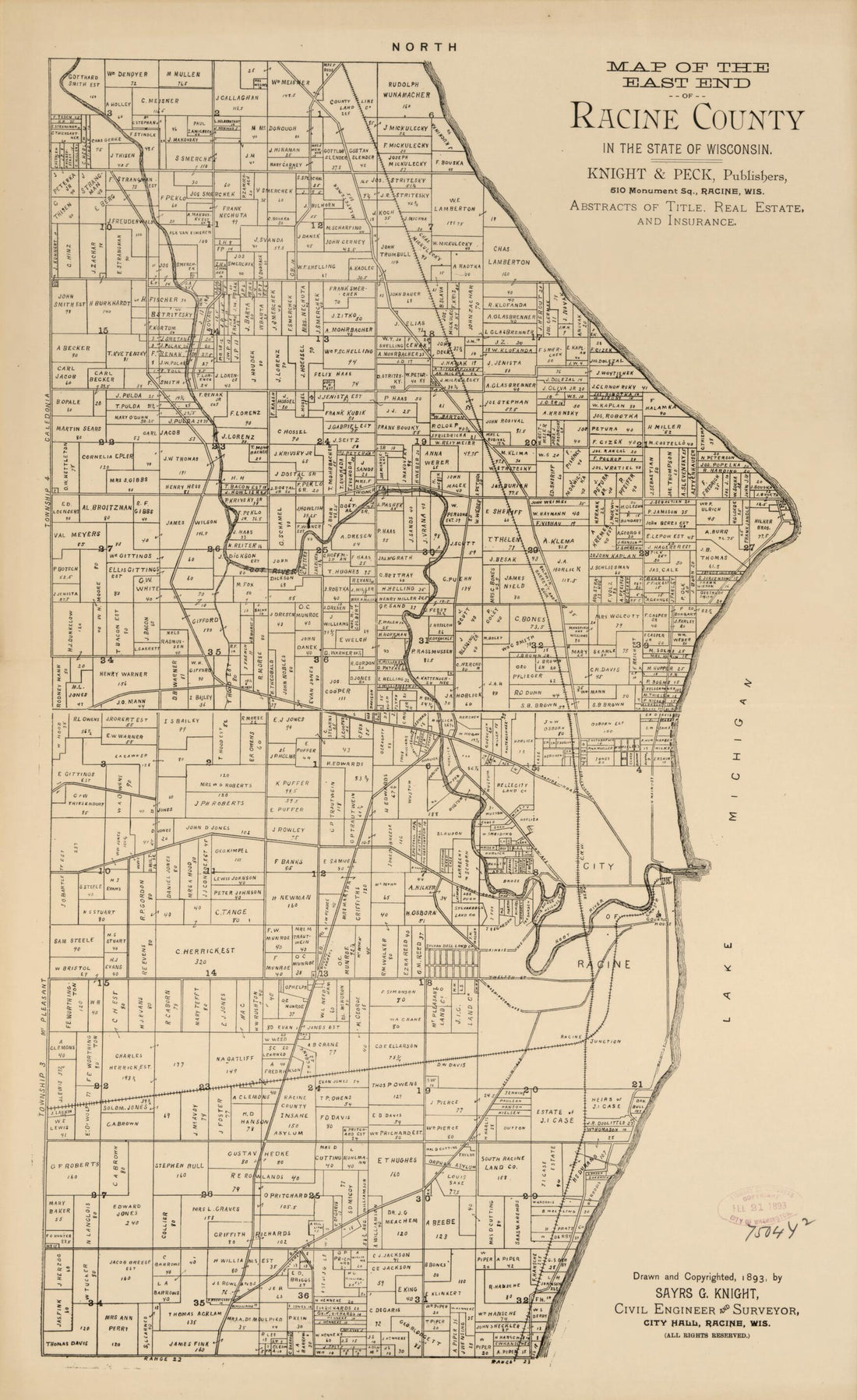 This old map of Map of the East End of Racine County In the State of Wisconsin from 1893 was created by Sayrs G. Knight in 1893