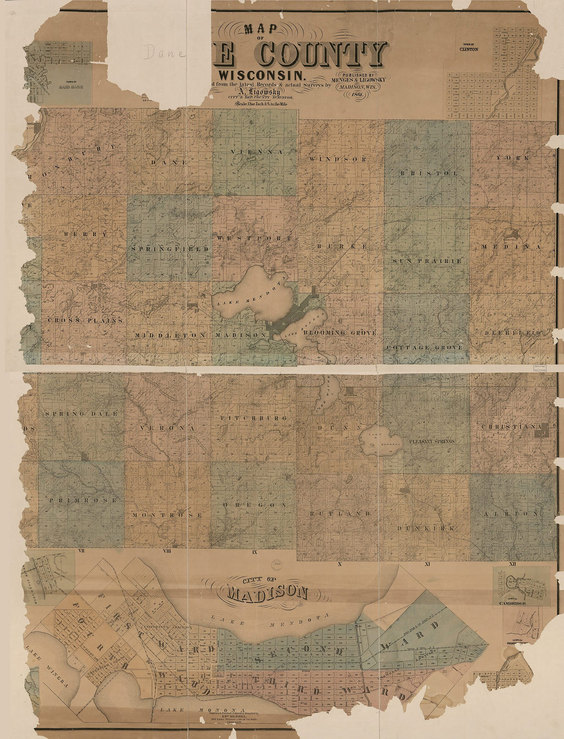 This old map of Map of Dane County, Wisconsin from 1861 was created by a Ligowsky in 1861