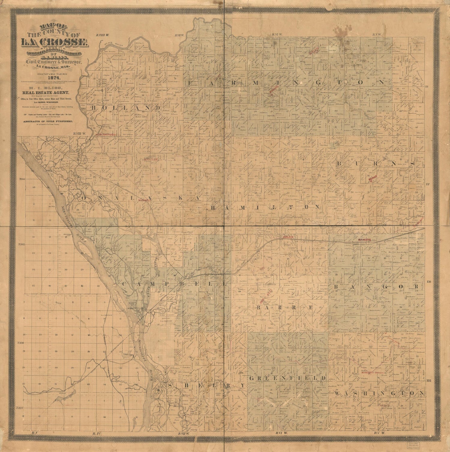 This old map of Map of the County of La Crosse, Wisconsin from 1874 was created by H. I. Bliss in 1874