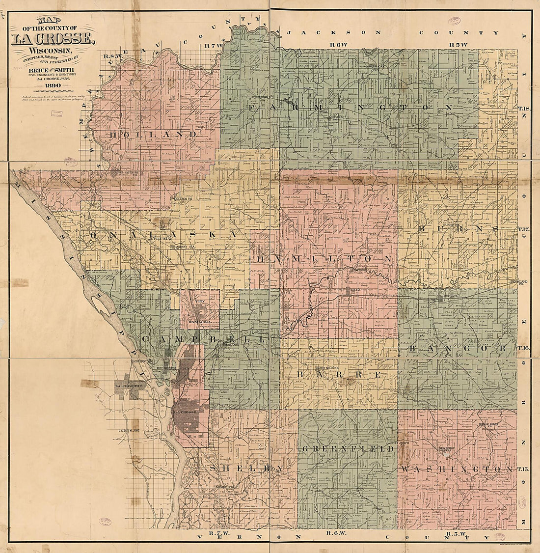 This old map of Map of the County of La Crosse, Wisconsin from 1890 was created by  Brice and Smith, Robert A. Welcke in 1890