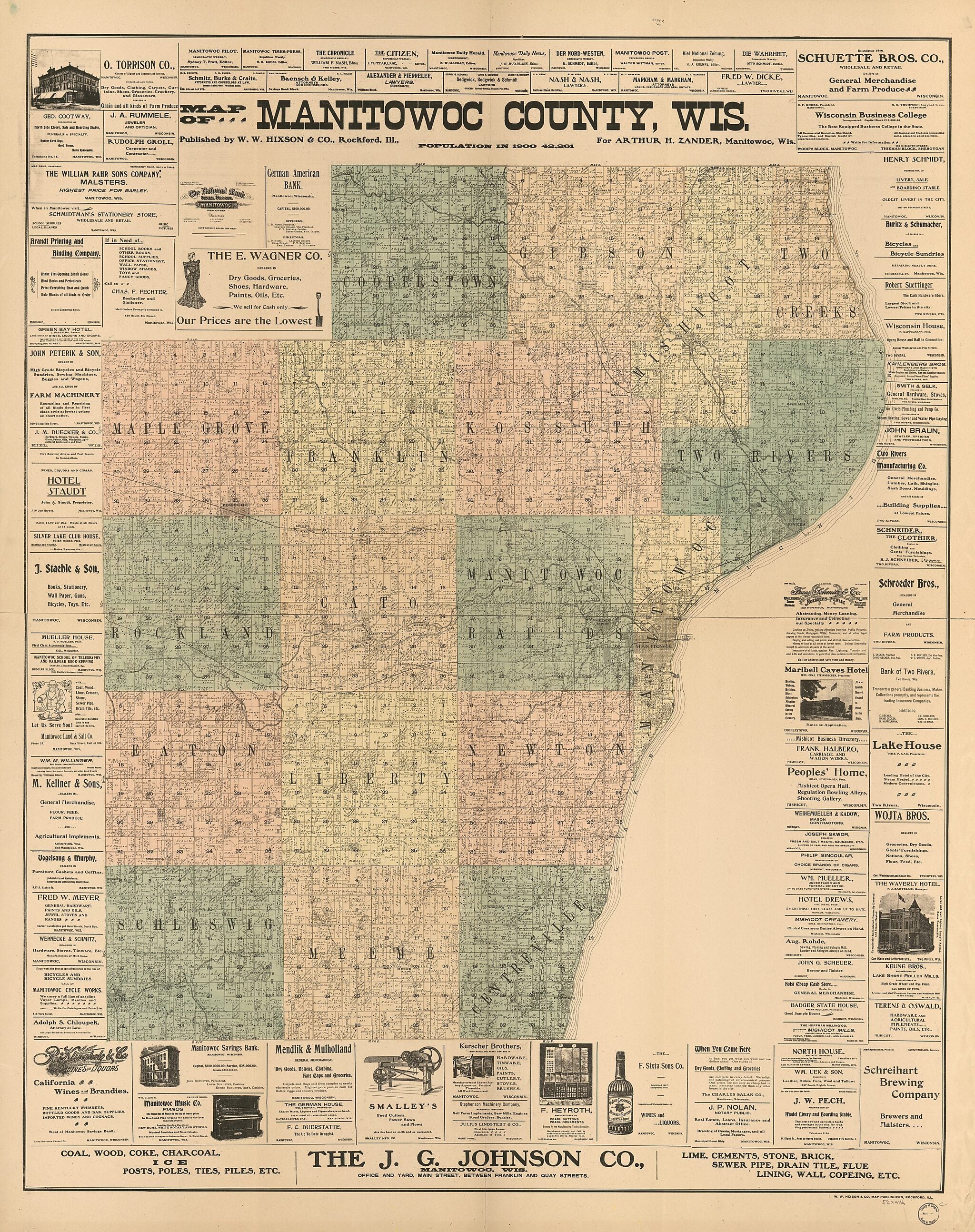 This old map of Map of Manitowoc County,Wisconsin from 1902 was created by  W.W. Hixson &amp; Co, Arthur H. Zander in 1902