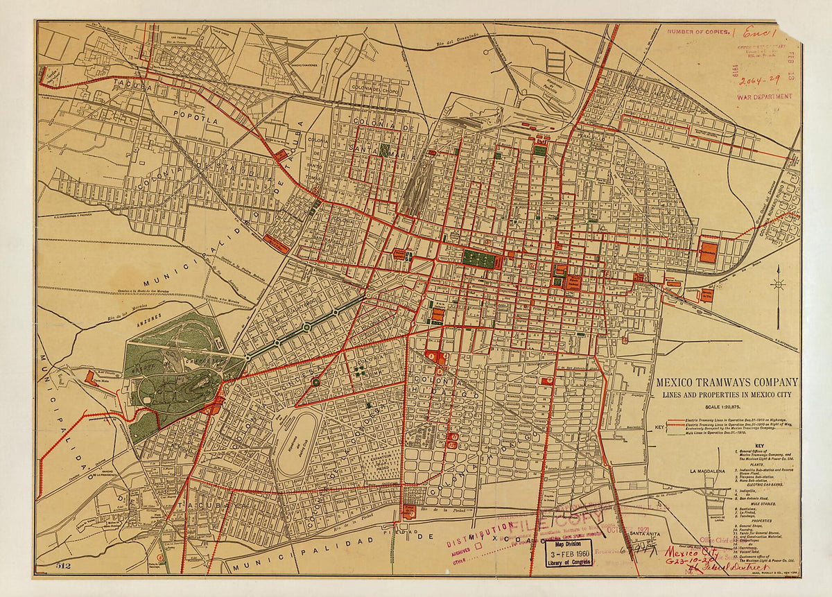 Mexico Tramways Company : Lines and Properties In Mexico City (Lines and Properties In Mexico City) 1910 by Relic Map Company