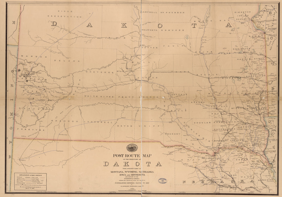 This old map of Post Route Map of the Territory of Dakota With Adjacent Parts of Montana, Wyoming, Nebraska, Iowa and Minnesota, and Portions of the Dominion of Canada from 1881 was created by W. L. Nicholson,  United States. Post Office Department in 18