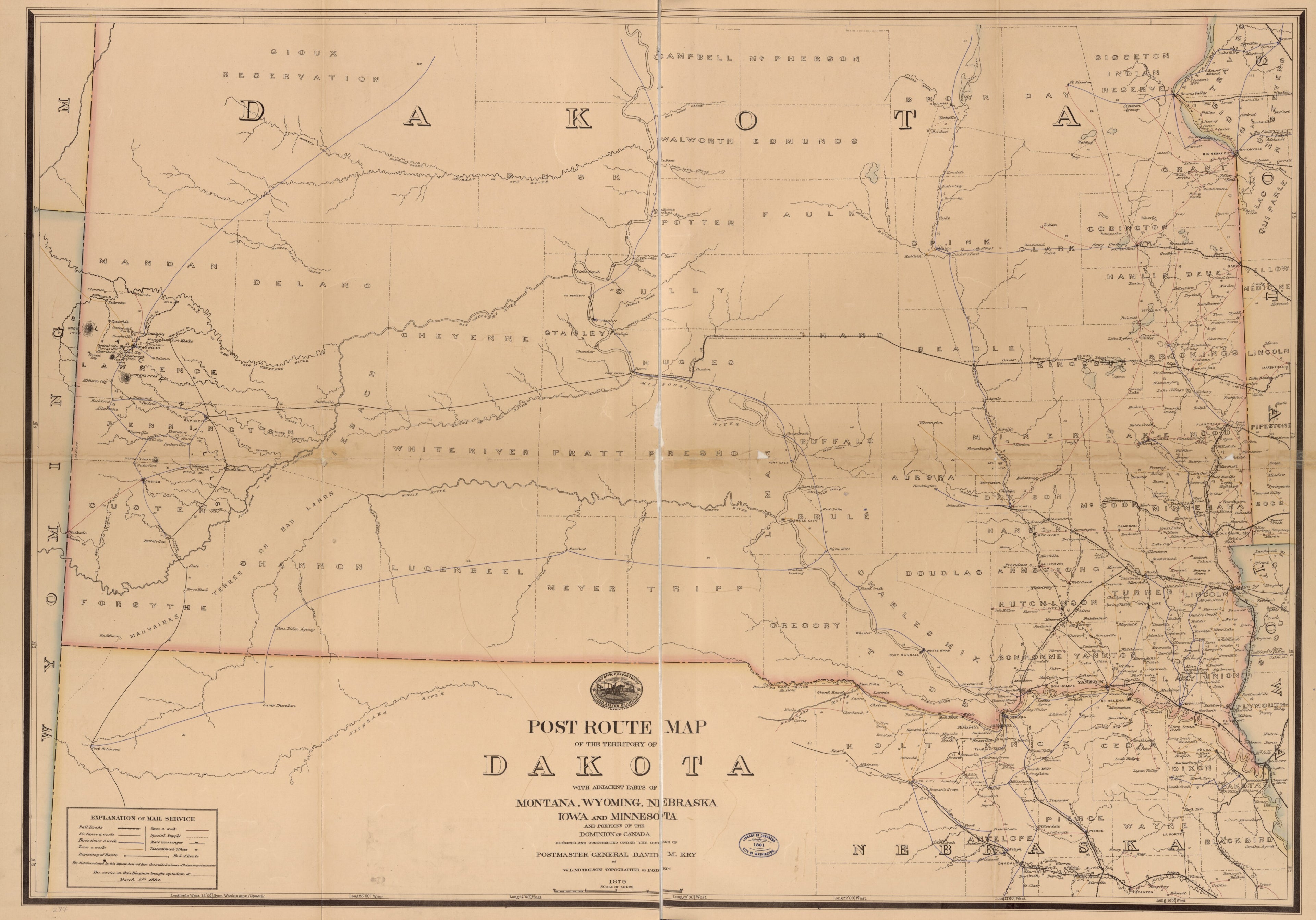 This old map of Post Route Map of the Territory of Dakota With Adjacent Parts of Montana, Wyoming, Nebraska, Iowa and Minnesota, and Portions of the Dominion of Canada from 1881 was created by W. L. Nicholson,  United States. Post Office Department in 18