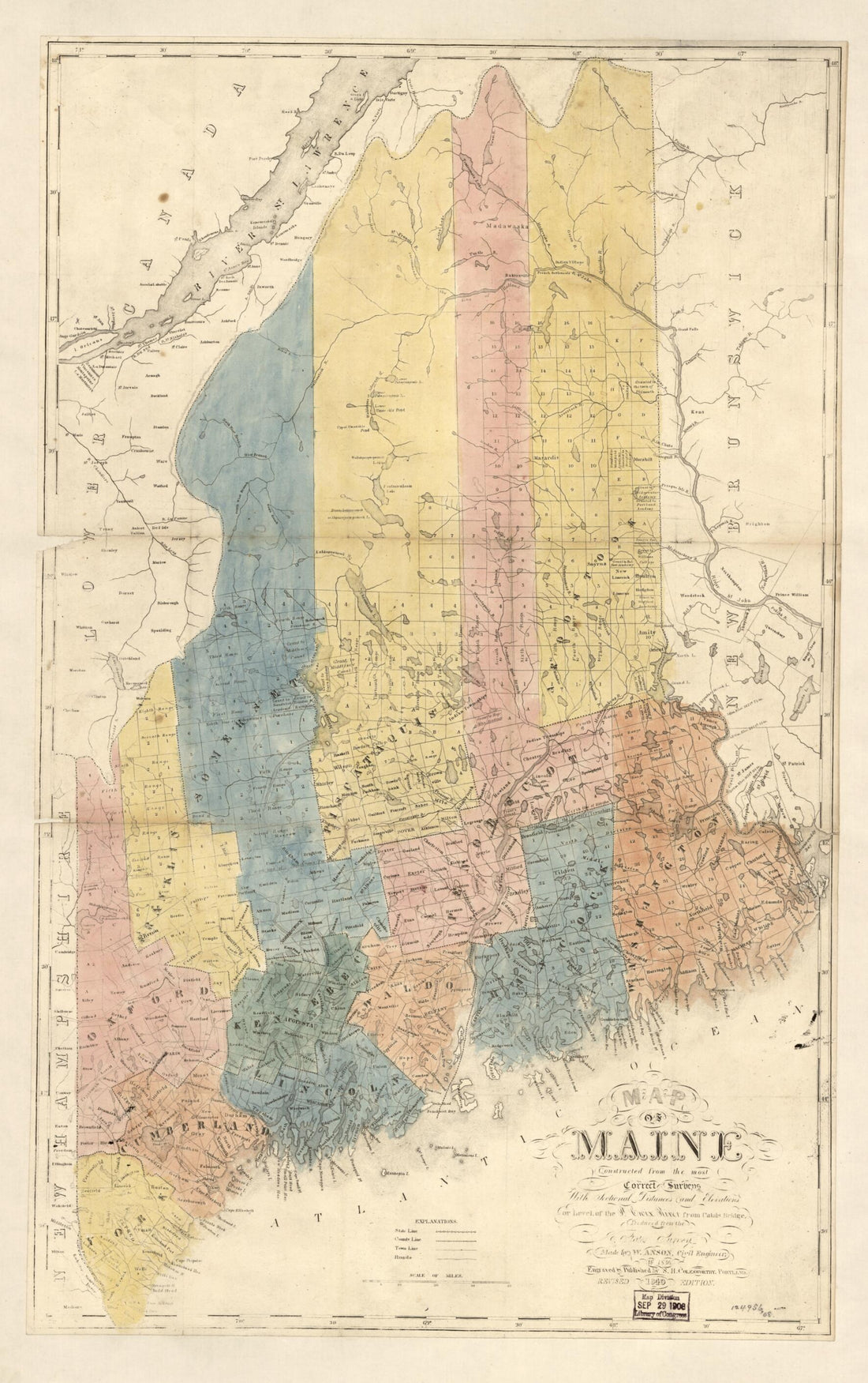 This old map of Map of Maine : Constructed from the Most Correct Surveys With Sectional Distances and Elevations, Or Level, of the St. Croix River from Calais Bridge Deduced from the States Survey from 1840 was created by W. Anson, Samuel Hodgson Coleswo