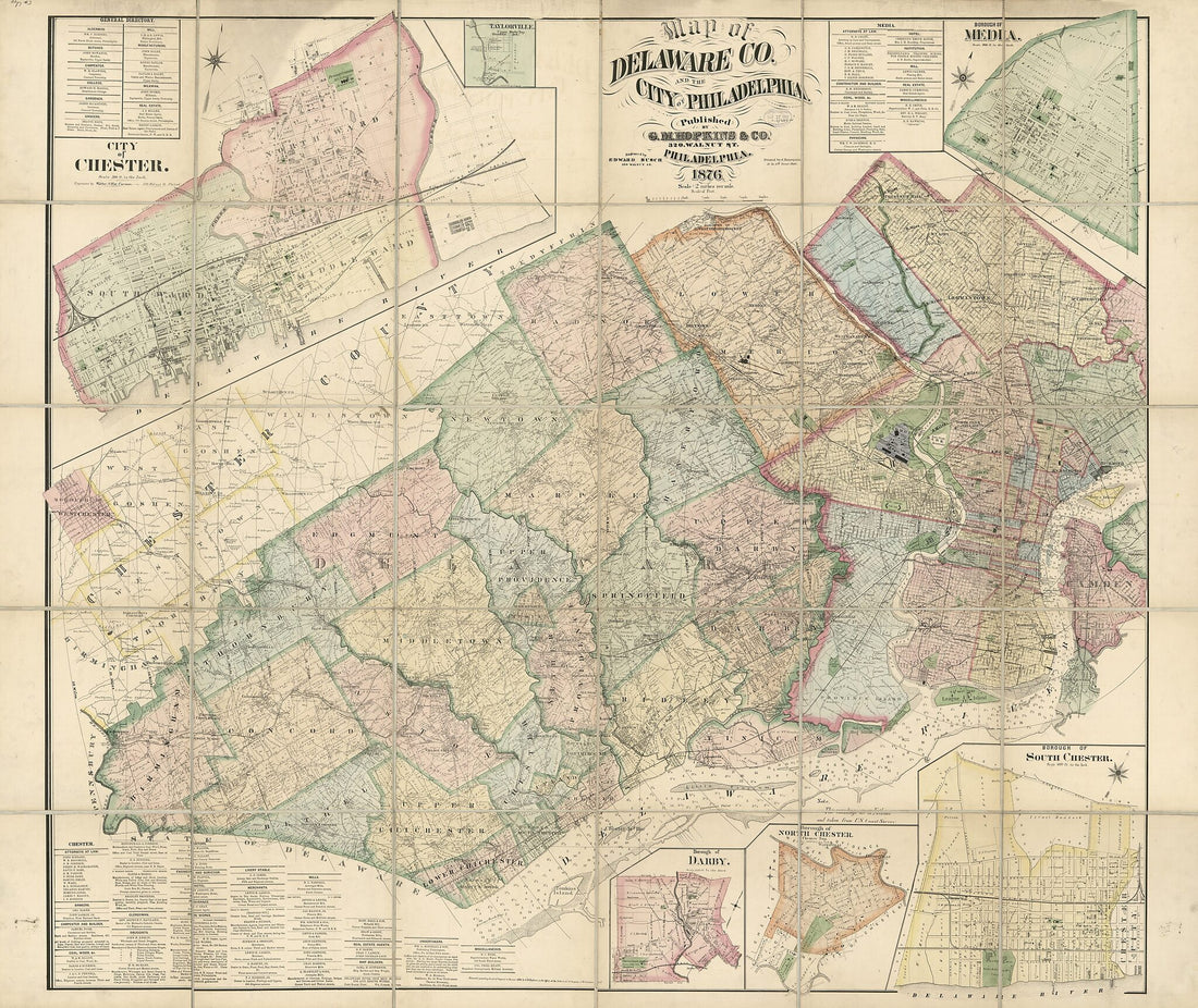 This old map of Map of Delaware County and the City of Philadelphia from 1876 was created by F. (Frederick) Bourquin, Edward Busch,  G.M. Hopkins &amp; Co, Griffith Morgan Hopkins in 1876