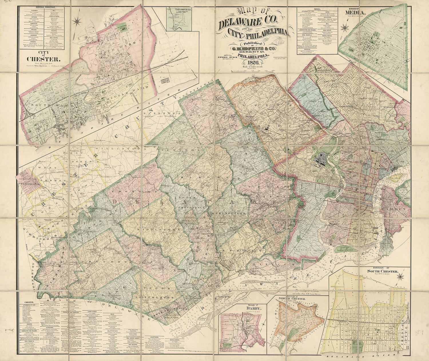 This old map of Map of Delaware County and the City of Philadelphia from 1876 was created by F. (Frederick) Bourquin, Edward Busch,  G.M. Hopkins &amp; Co, Griffith Morgan Hopkins in 1876