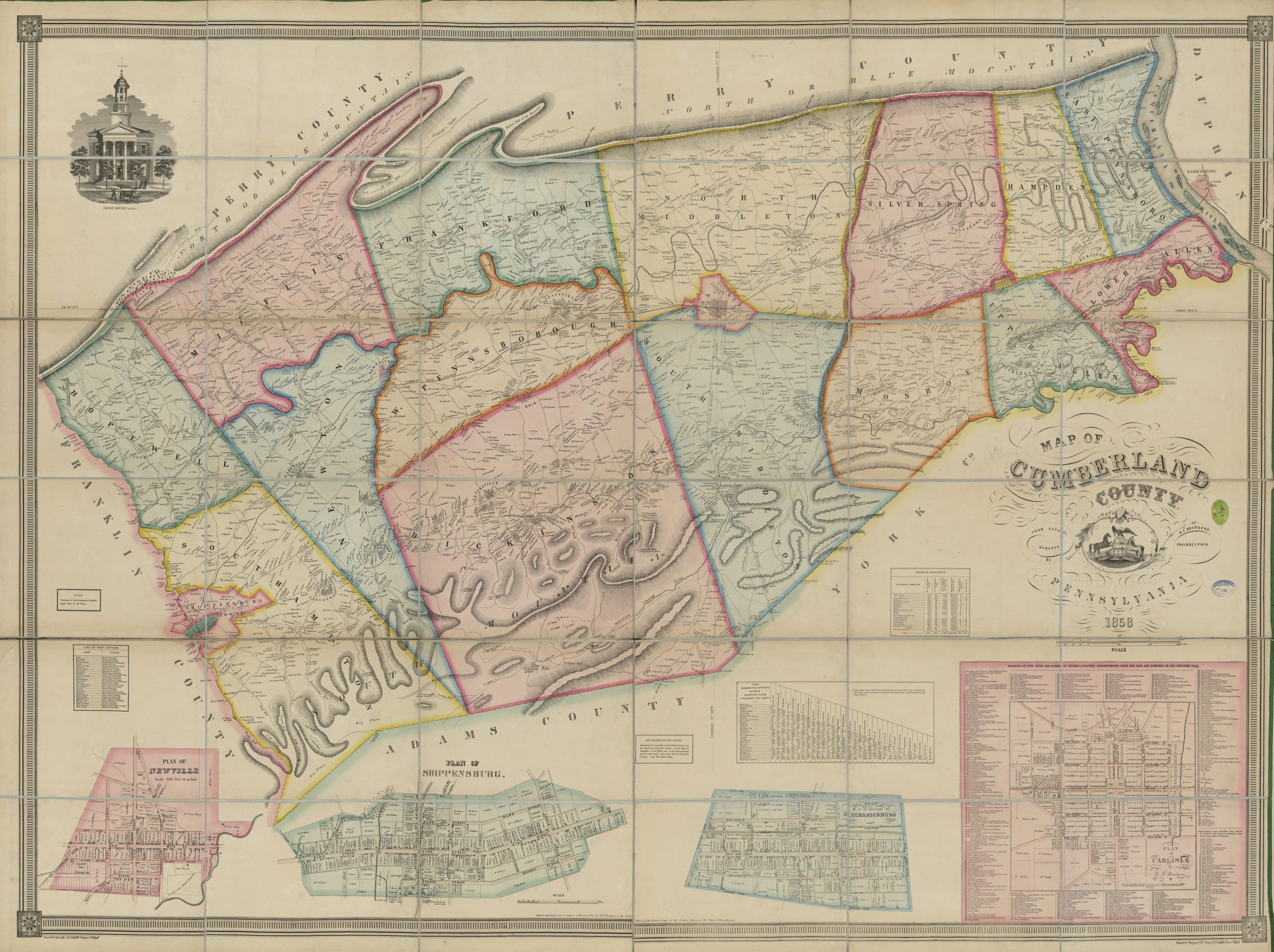 This old map of Map of Cumberland County, Pennsylvania : from Actual Surveys from 1858 was created by H. F. (Henry F.) Bridgens,  Friend &amp; Aub,  Wagner &amp; M&