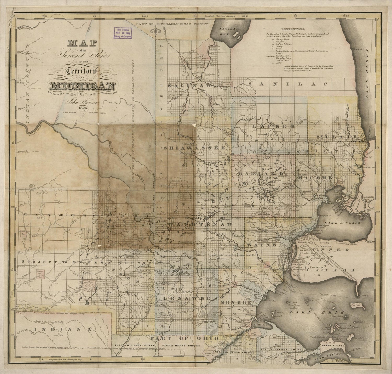 This old map of Map of the Surveyed Part of the Territory of Michigan On a Scale of 8 Miles to an Inch from 1826 was created by John Farmer,  V. Balch and S. Stiles (Firm) in 1826