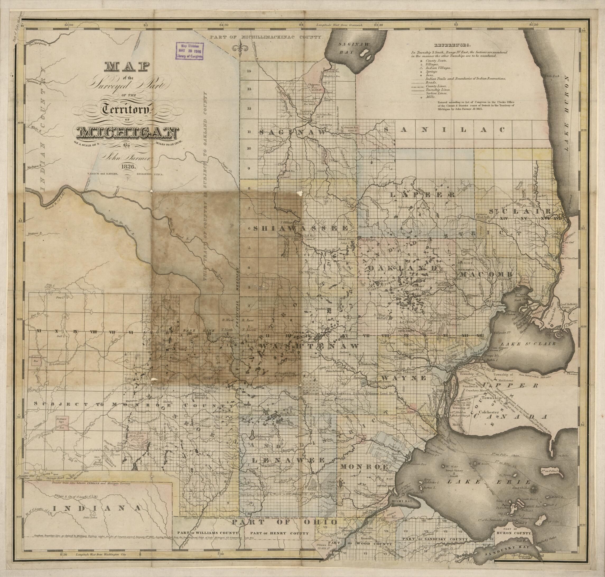 This old map of Map of the Surveyed Part of the Territory of Michigan On a Scale of 8 Miles to an Inch from 1826 was created by John Farmer,  V. Balch and S. Stiles (Firm) in 1826