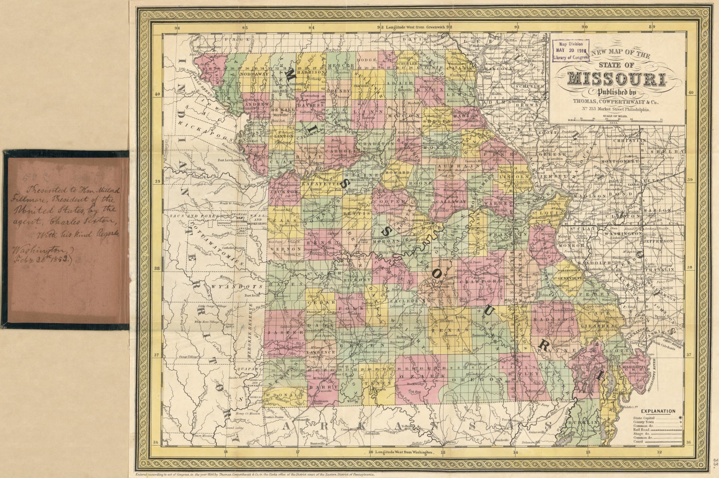 This old map of New Map of the State of Missouri. (Missouri) from 1852 was created by Millard Fillmore, Cowperthwait &amp; Co Thomas in 1852