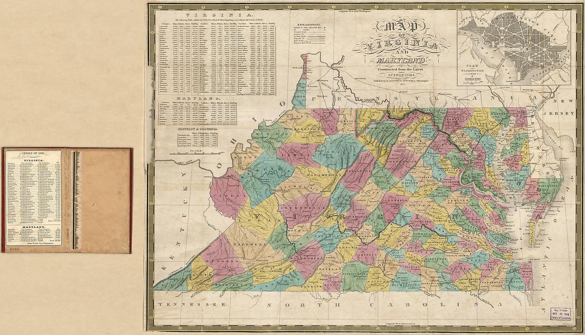 This old map of Map of Virginia and Maryland, Constructed from the Latest Authorities. (Virginia &amp; Maryland) from 1832 was created by S. Augustus (Samuel Augustus) Mitchell, J. H. (James Hamilton) Young in 1832