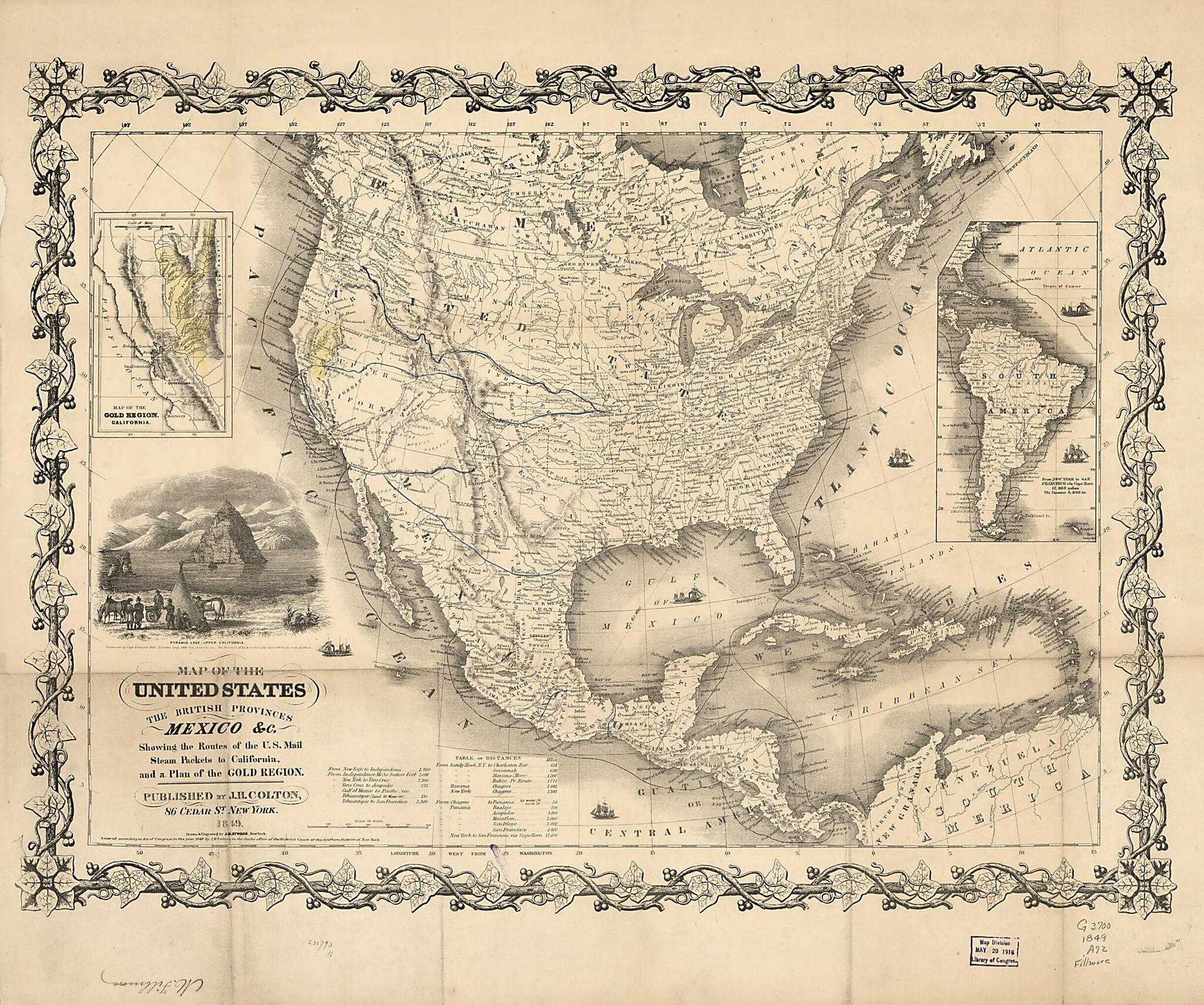 This old map of Map of the United States, the British Provinces, Mexico &amp;c. : Showing the Routes of the U.S. Mail Steam Packets to California, and a Plan of the Gold Region from 1849 was created by John M. Atwood, Millard Fillmore in 1849