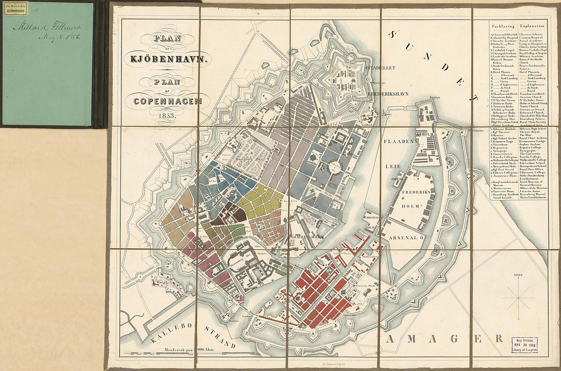 This old map of Plan Af Kjöbenhavn = Plan of Copenhagen (Plan of Copenhagen, Kjöbenhavn) from 1853 was created by  Emilius Bærentzen &amp; Co, Millard Fillmore in 1853