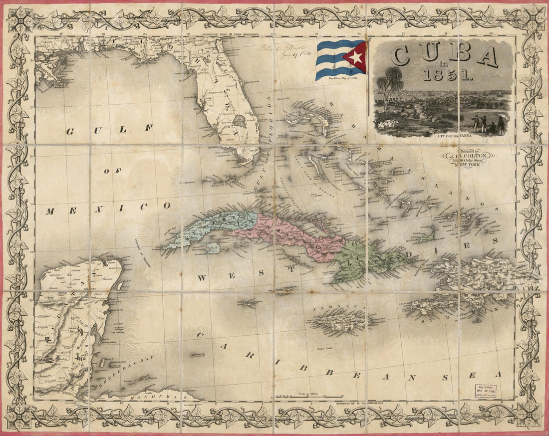 This old map of Cuba In from 1851 was created by J. H. (Joseph Hutchins) Colton in 1851