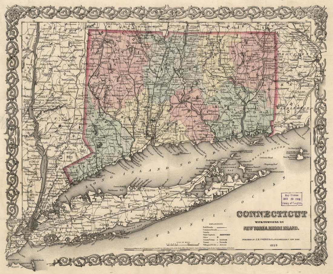 This old map of Connecticut With Portions of New York &amp; Rhode Island from 1859 was created by Millard Fillmore,  J.H. Colton &amp; Co in 1859