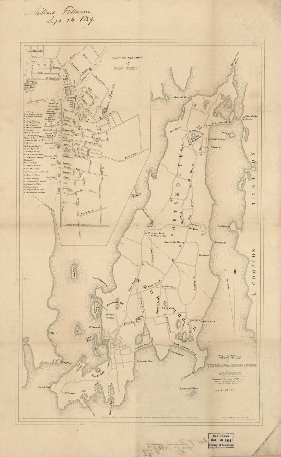 This old map of Road Map of the Island of Rhode Island Or Aquidneck from 1849 was created by Millard Fillmore, Charles E. (Charles Edward) Hammett in 1849