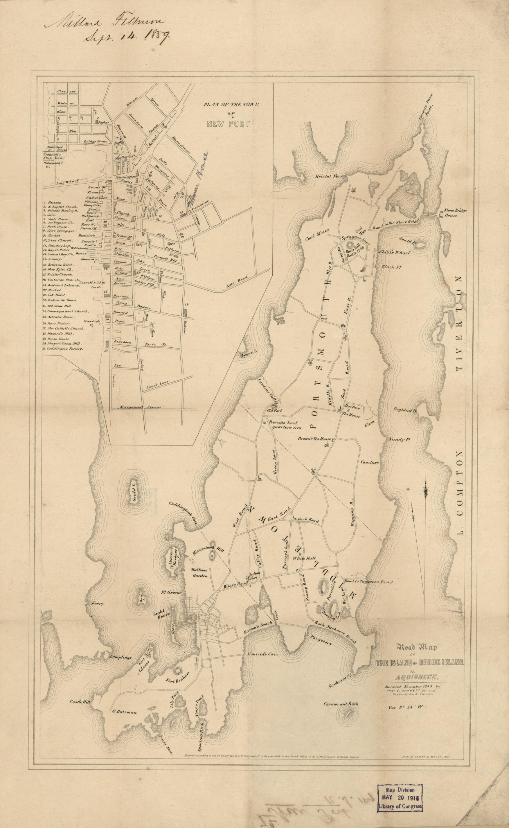 This old map of Road Map of the Island of Rhode Island Or Aquidneck from 1849 was created by Millard Fillmore, Charles E. (Charles Edward) Hammett in 1849