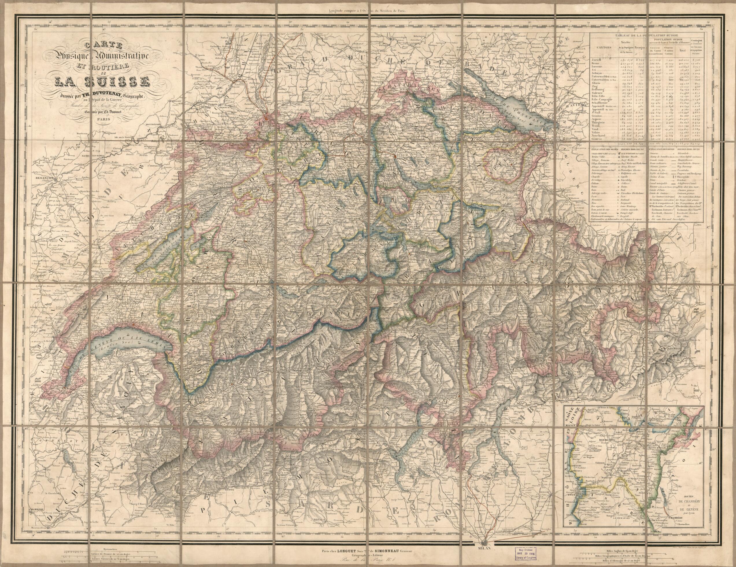 This old map of Carte Physique, Administrative Et Routière De La Suisse from 1855 was created by Th. (Thunot) Duvotenay, Ch Dyonnet, Millard Fillmore,  Imprimerie Lemercier Et Cie in 1855
