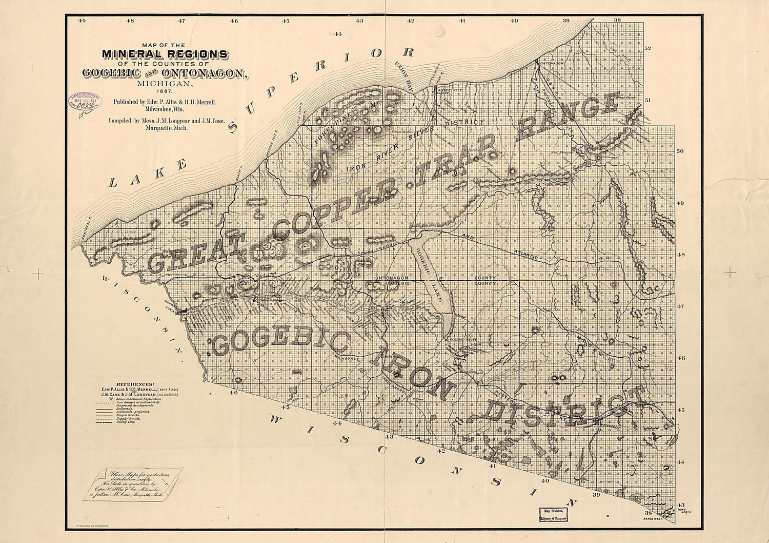 This old map of Map of the Mineral Regions of the Counties of Gogebic and Ontonagon, Michigan from 1887 was created by J. M. Case, John Munro Longyear in 1887
