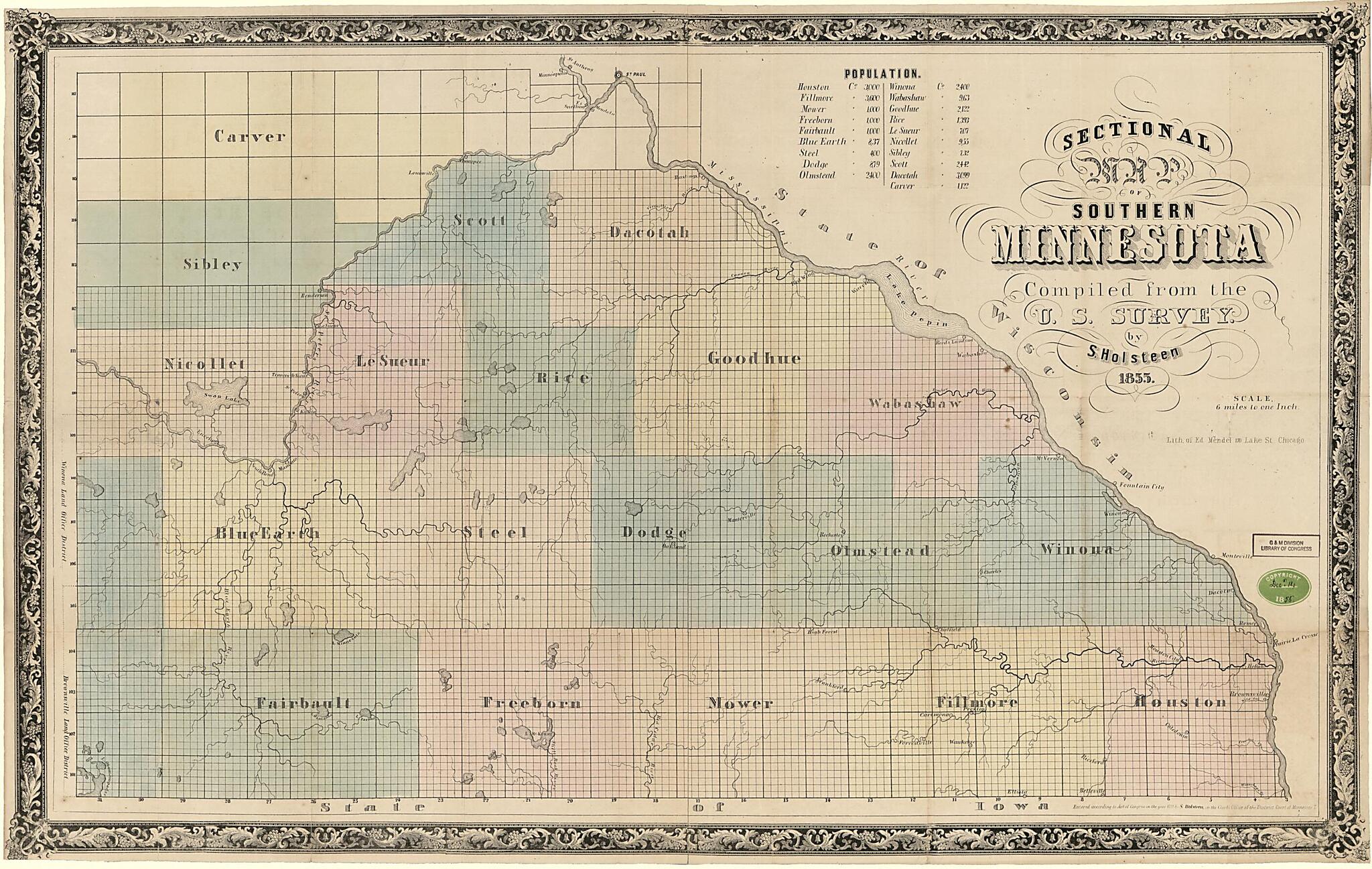 This old map of Sectional Map of Southern Minnesota from 1855 was created by S. Holsteen, Edward Mendel in 1855