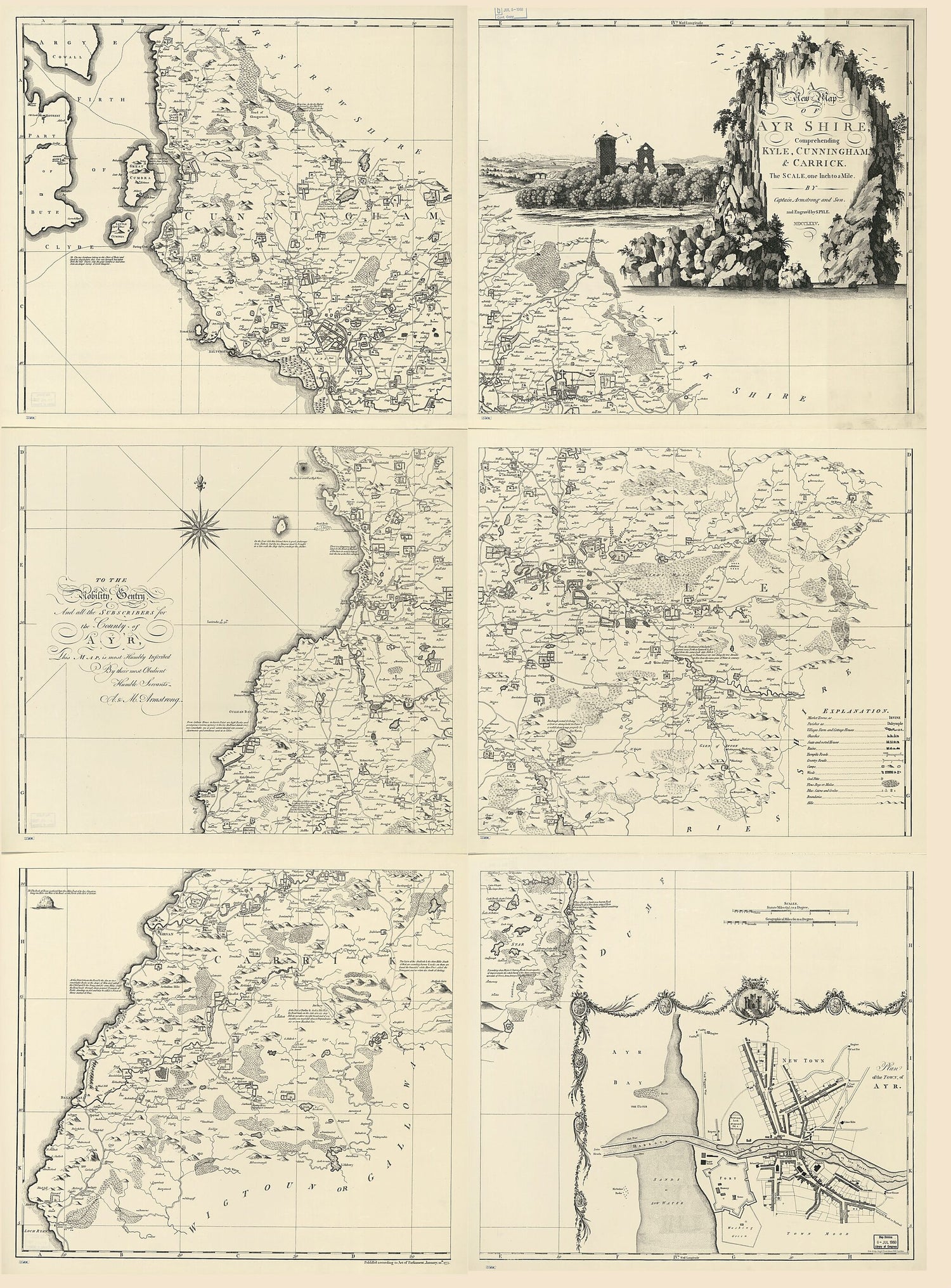 This old map of A New Map of Ayr Shire Comprehending Kyle, Cunningham &amp; Carrick : the Scale One Inch to a Mile (New Map of Ayrshire Comprehending Kyle, Cunningham &amp; Carrick) from 1775 was created by  Captain Armstrong and Son, Stephen Pyle in 1775