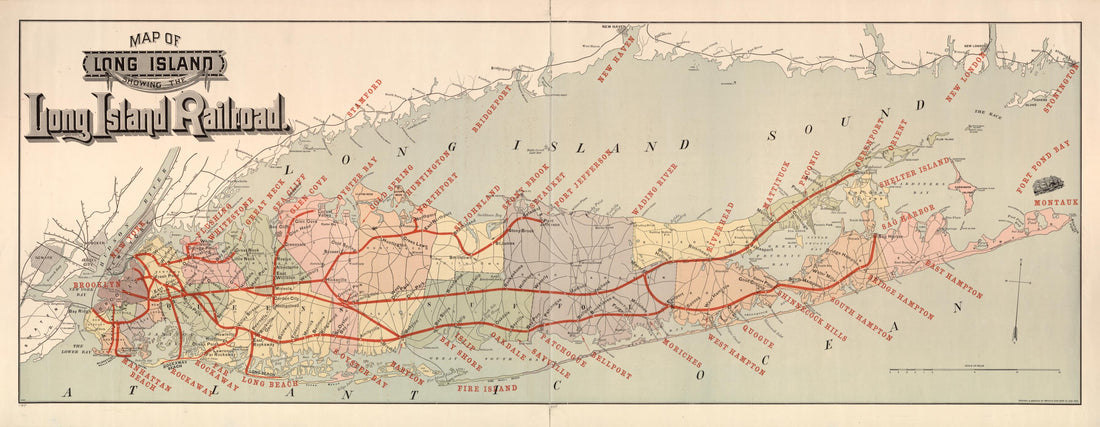This old map of Map of Long Island Showing the Long Island Railroad from 1895 was created by  American Bank Note Company,  Long Island Rail Road in 1895