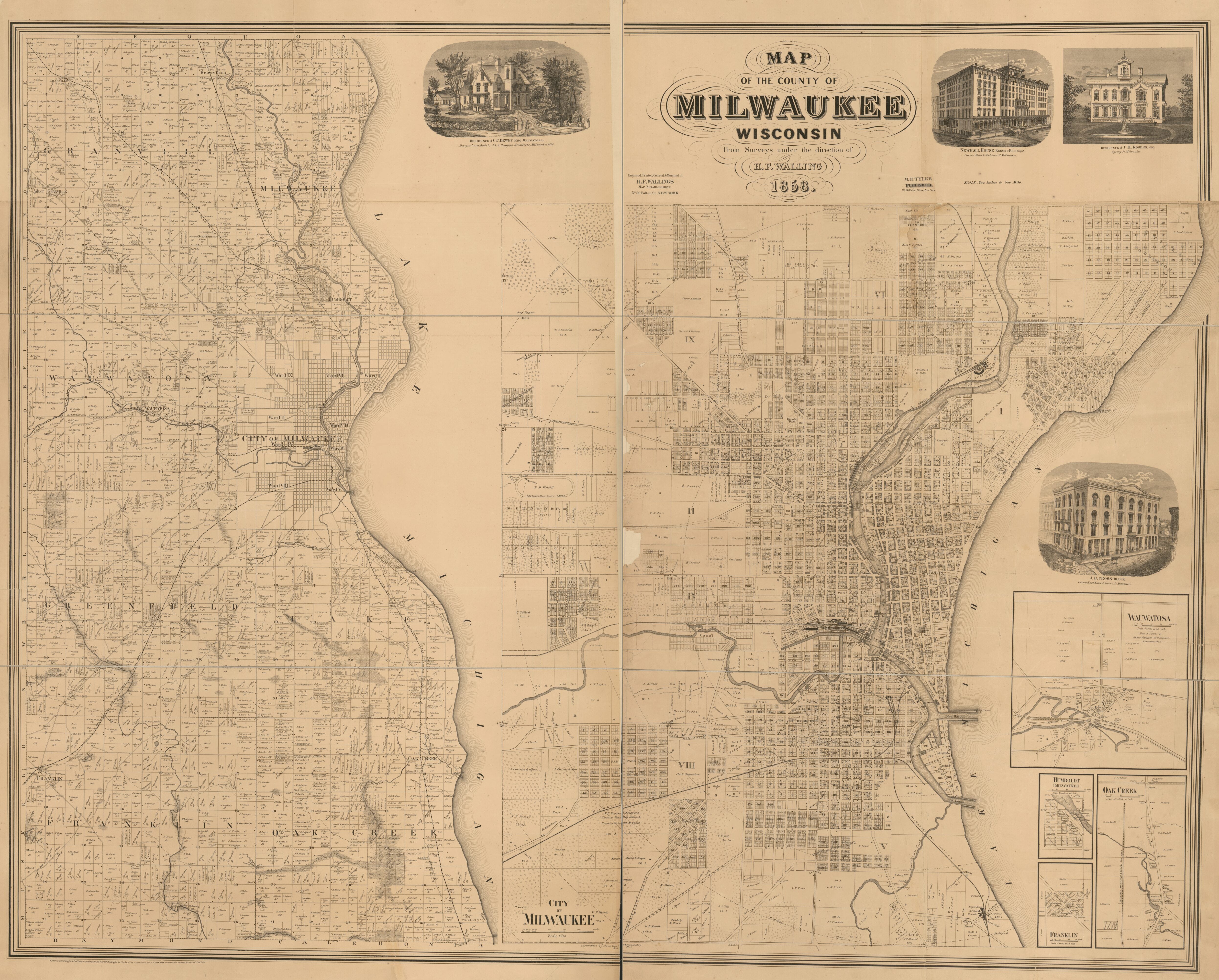 This old map of Map of the County of Milwaukee, Wisconsin from 1858 was created by Henry Francis Walling in 1858