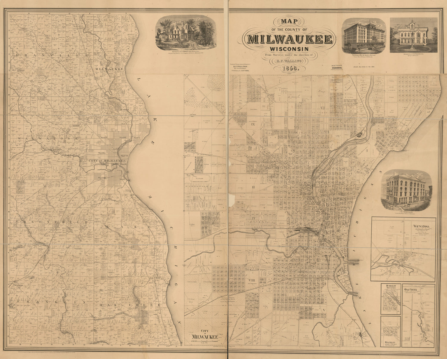 This old map of Map of the County of Milwaukee, Wisconsin from 1858 was created by Henry Francis Walling in 1858