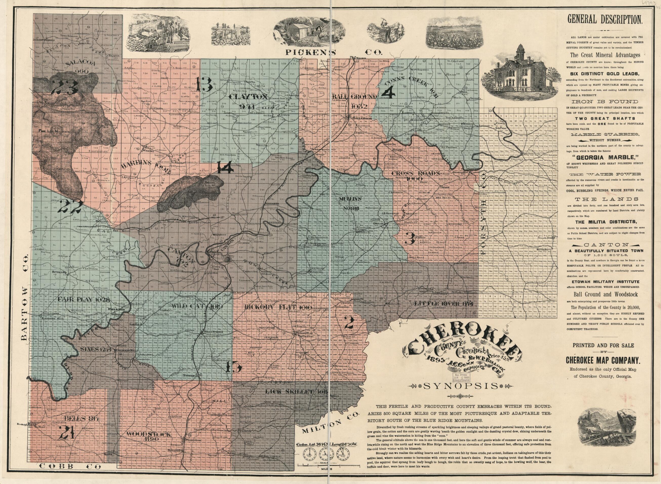 This old map of Cherokee County, Georgia from 1895 was created by W. P. (William P.) Bullock in 1895