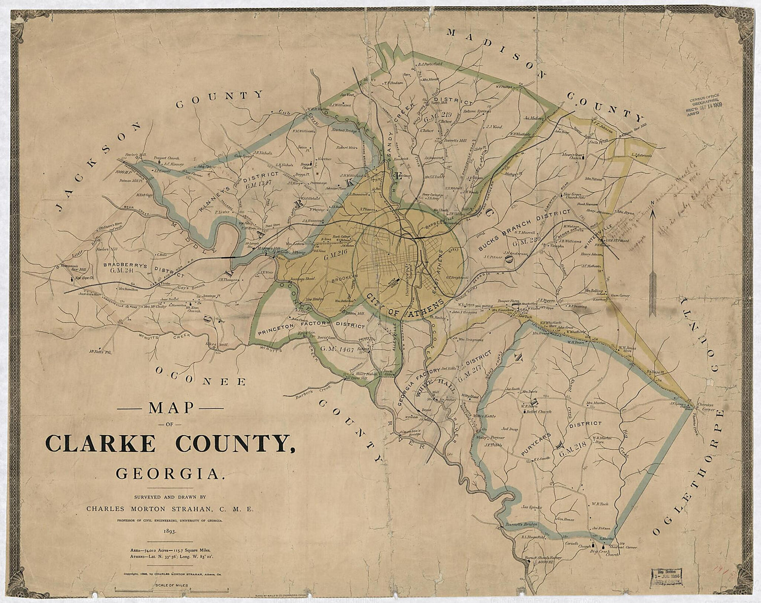 This old map of Map of Clarke County, Georgia (Clarke County, Georgia) from 1893 was created by  Rand McNally and Company, Charles Morton Strahan in 1893