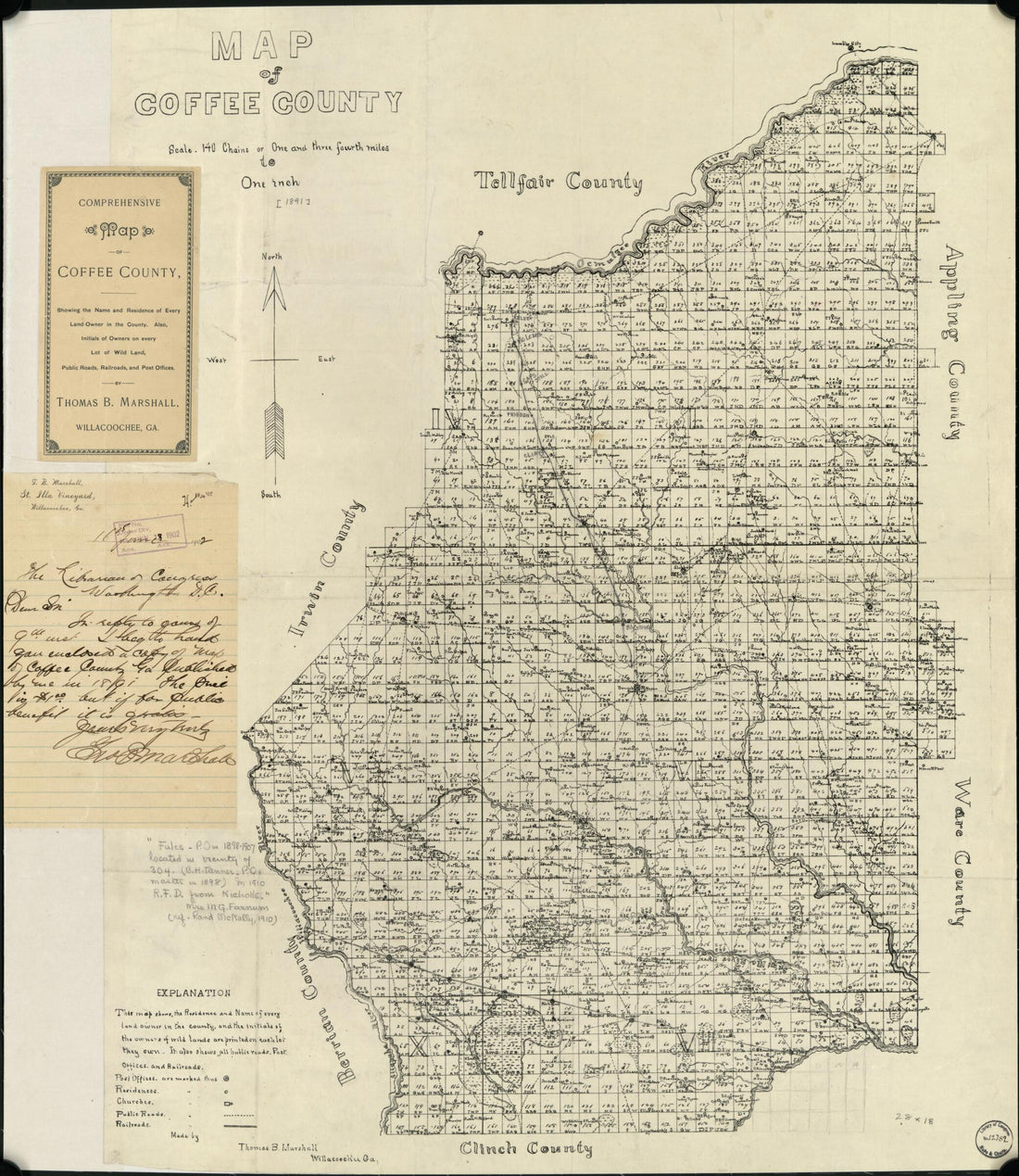 This old map of Map of Coffee County (Comprehensive Map of Coffee County, Georgia :) from 1891 was created by T. B. (Thomas B.) Marshall in 1891