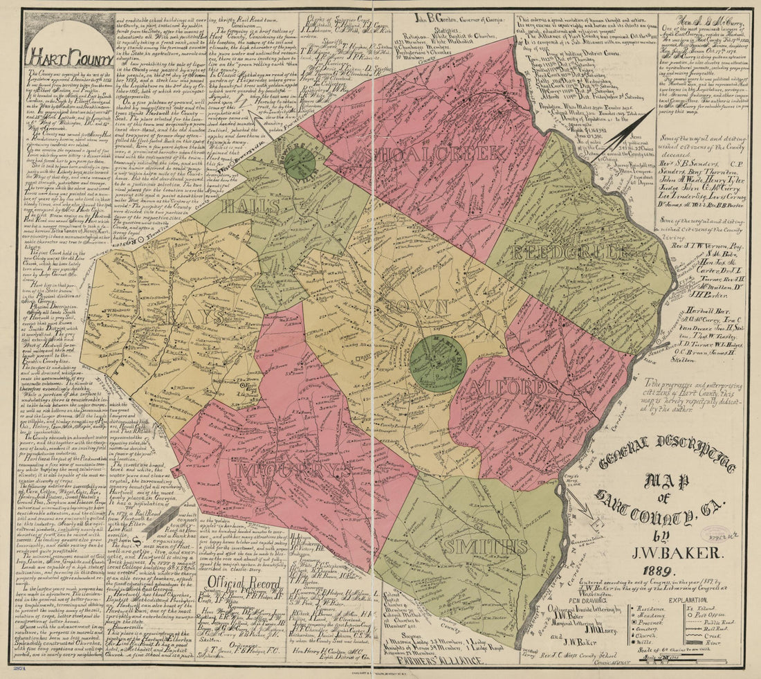 This old map of General Descriptive Map of Hart County, Georgia (General Descriptive Map of Hart County, Georgia, Map of Hart County, Georgia) from 1889 was created by J. W. Baker in 1889