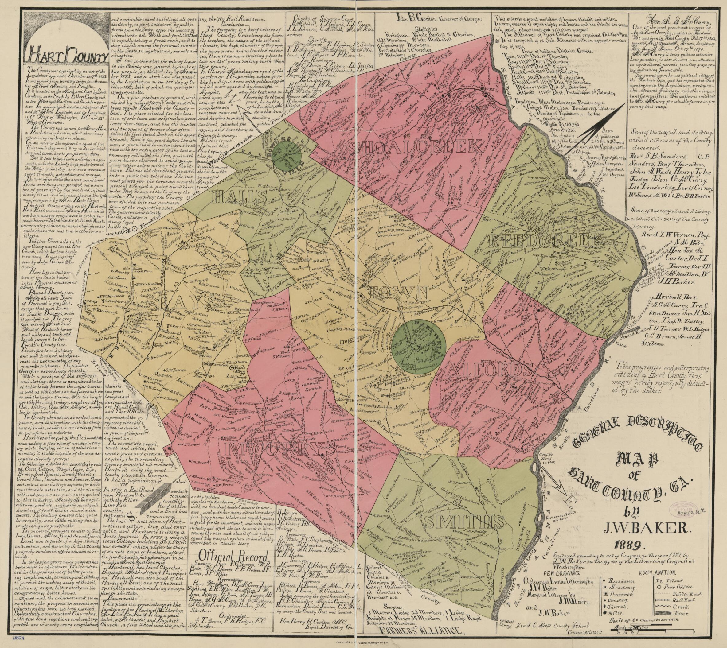 This old map of General Descriptive Map of Hart County, Georgia (General Descriptive Map of Hart County, Georgia, Map of Hart County, Georgia) from 1889 was created by J. W. Baker in 1889